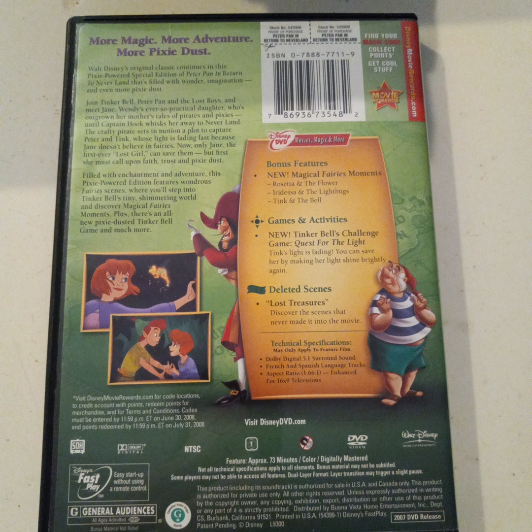 Peter Pan in Return To Never Land, Pixie Powered Ed. DVD Movie, Widescreen, Rated G, USED