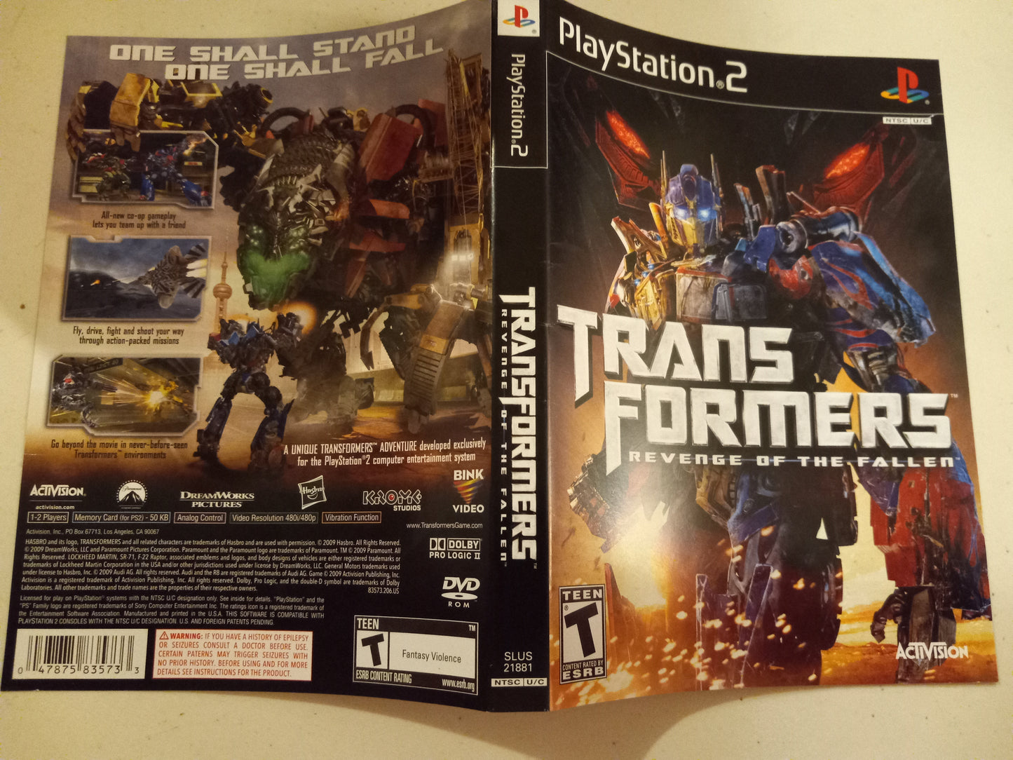 Transformers Revenge Of The Fallen, Playstation 2, Cover Art Only, USED.