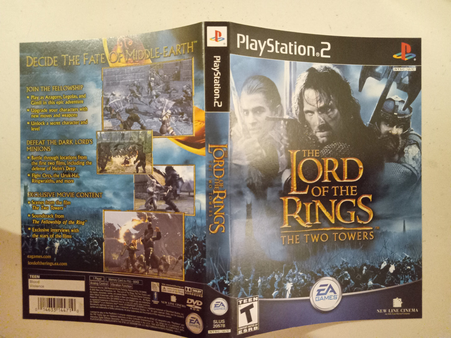 The Lord Of The Rings The Two Towers, Playstation 2, Cover Art Only, USED.