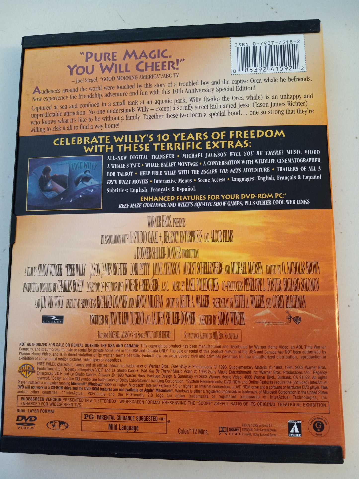 Free Willy, 20th Anniversary Ed. DVD Movie, Jesse James Richter Widescreen, Rated PG, USED