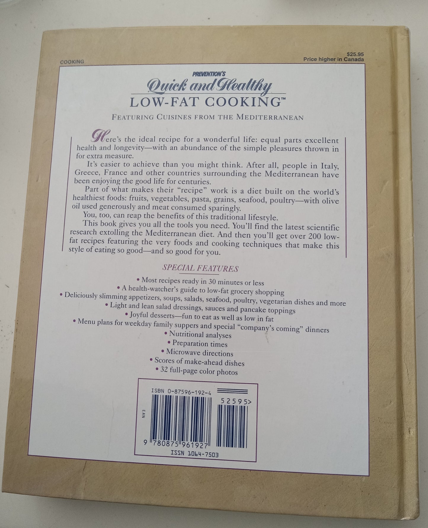 Quick And Healthy Low-Fat Cooking Cook Book, HB Mediterranean Cuisines Meals, USED