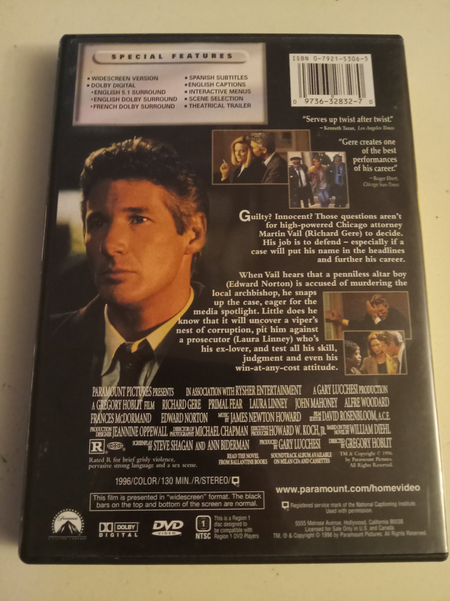 Primal Fear, DVD Movie, Rated R, Widescreen, USED