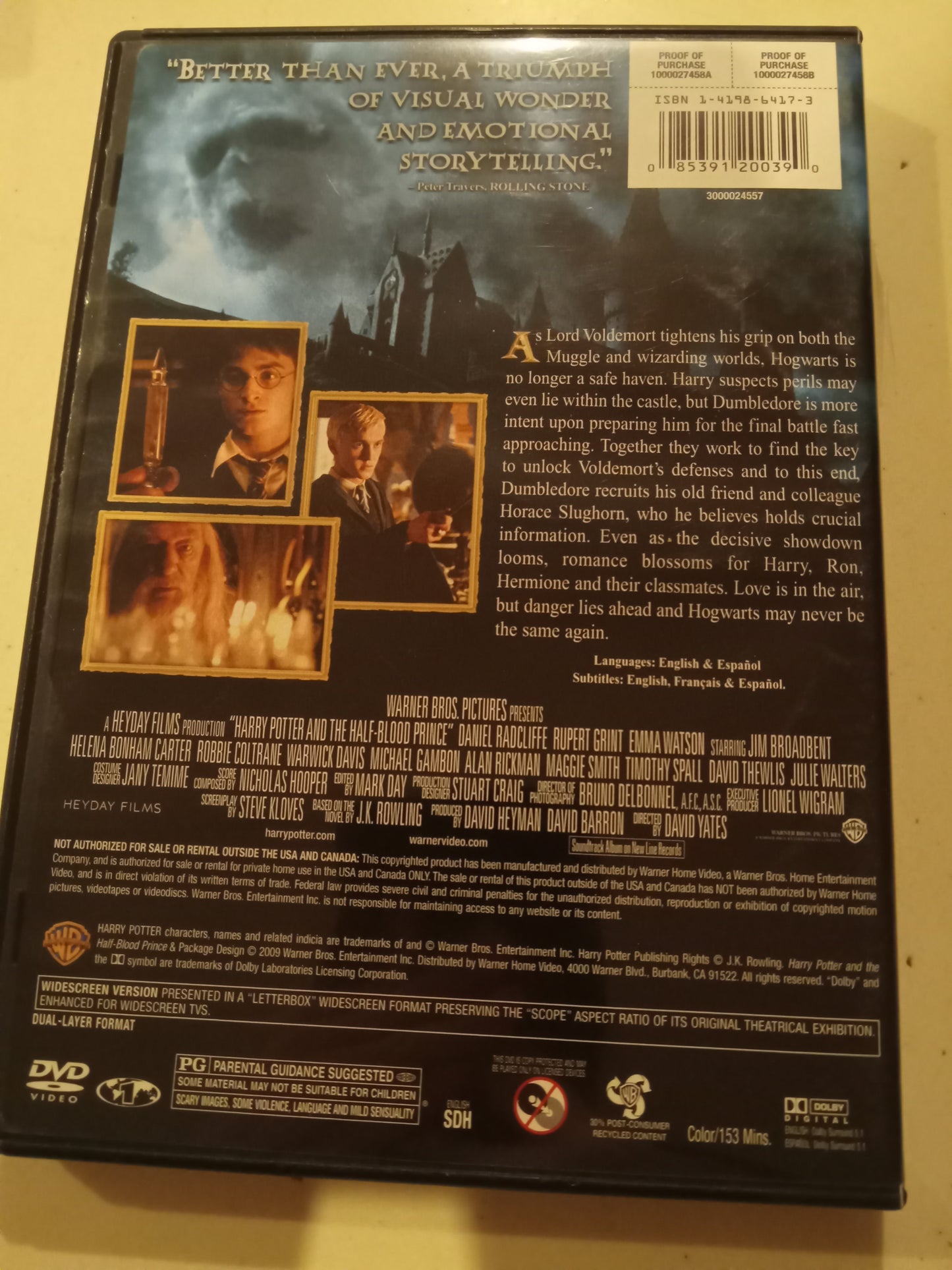 Harry Potter And The Half Blood Prince, DVD Movie, Widescreen, Rated PG, USED