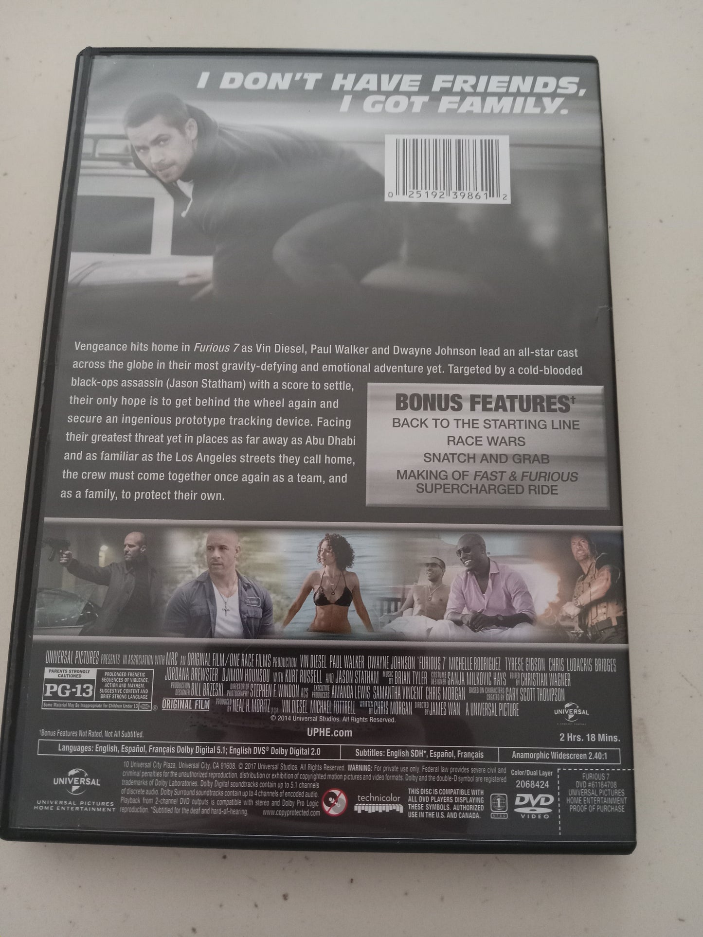 Furious 7, DVD Movie, Vin Diesel Widescreen, Rated PG-13, USED