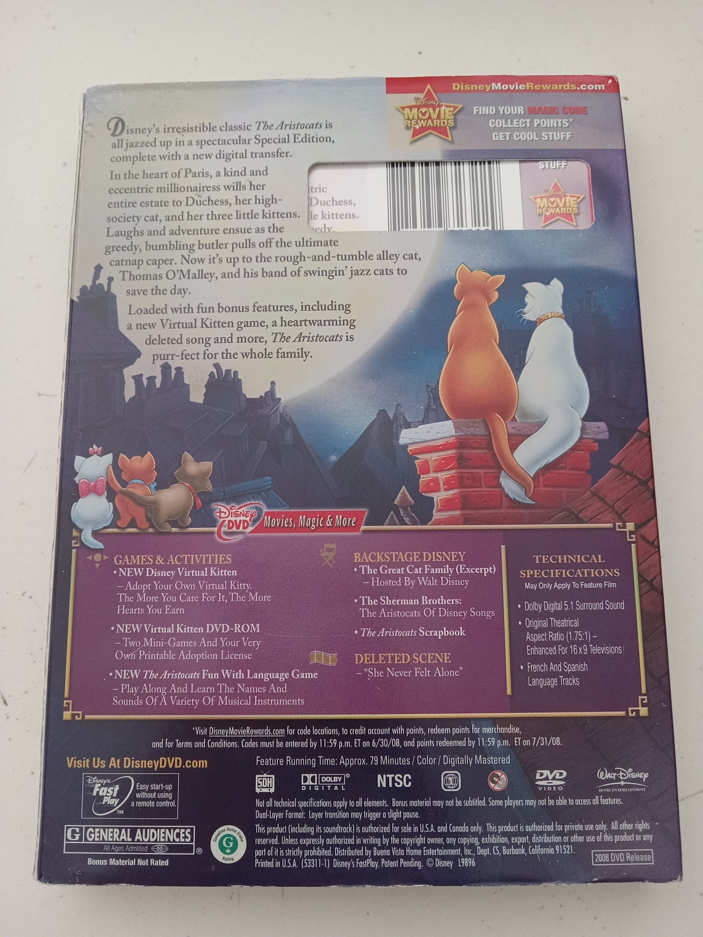 The Aristocats, Disney Animation Special Edition, DVD Movie, Widescreen, Rated G, USED