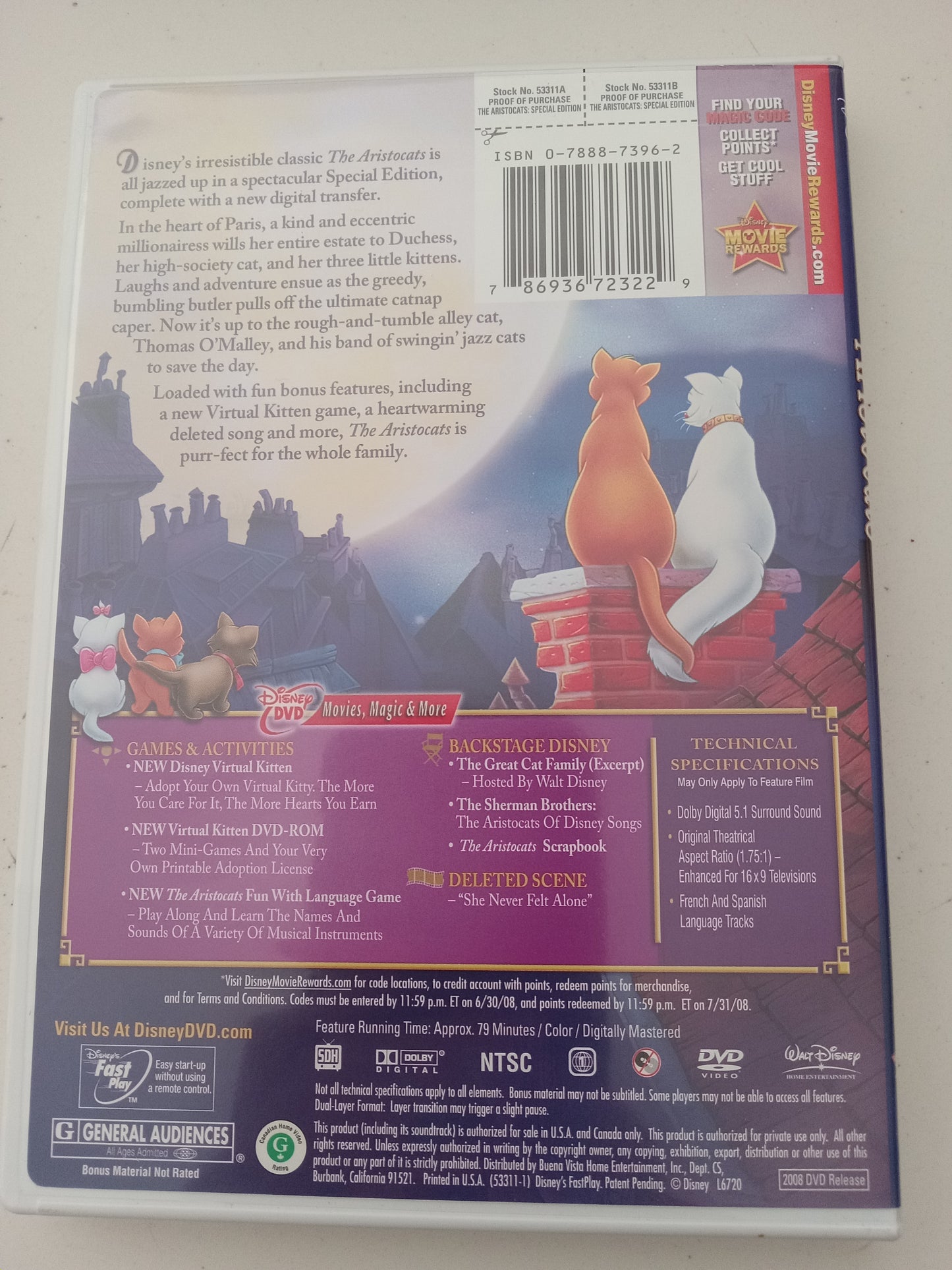 The Aristocats, Disney Animation Special Edition, DVD Movie, Widescreen, Rated G, USED