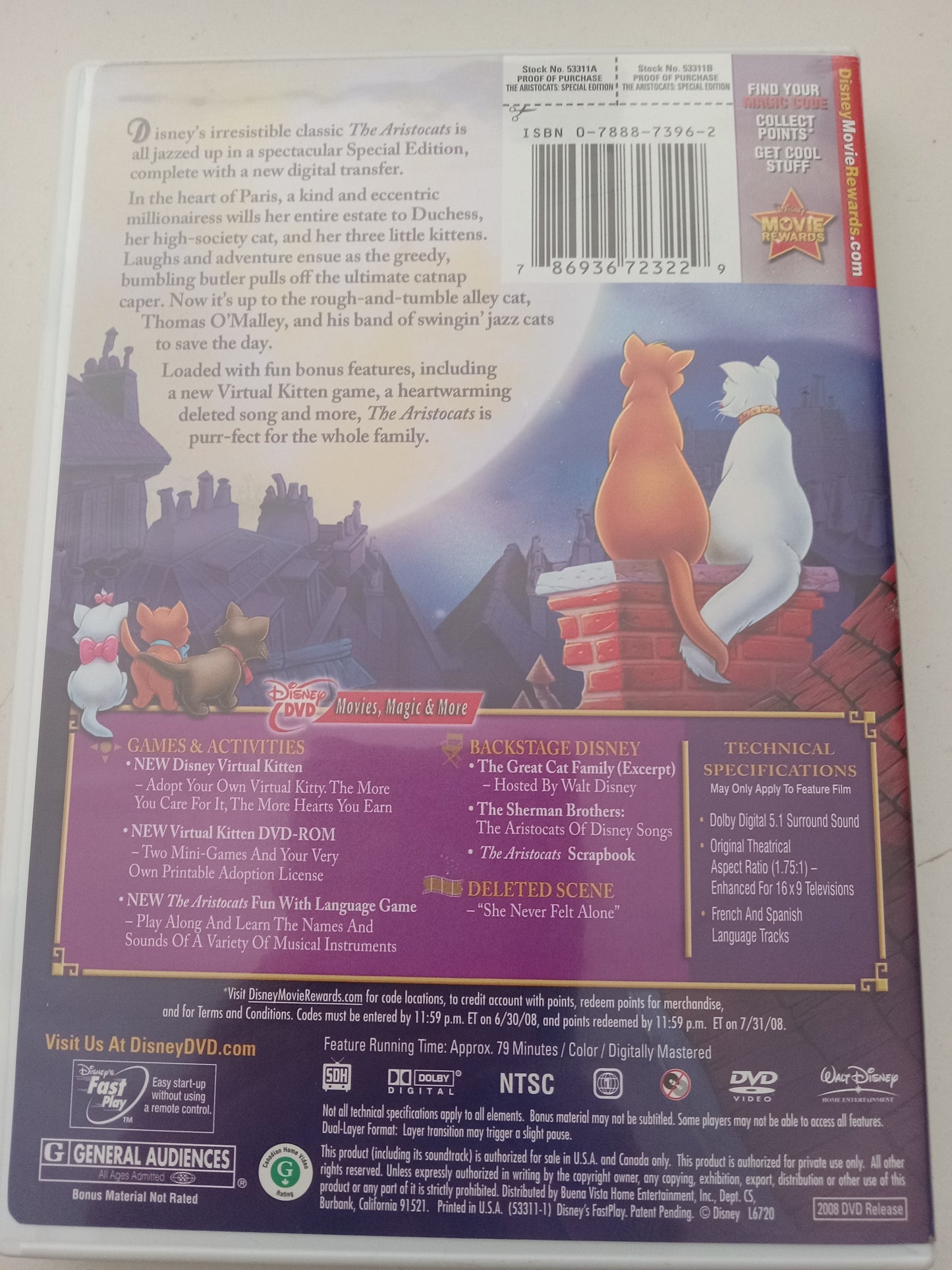 The Aristocats, Disney Animation Special Edition, DVD Movie, Widescreen, Rated G, USED