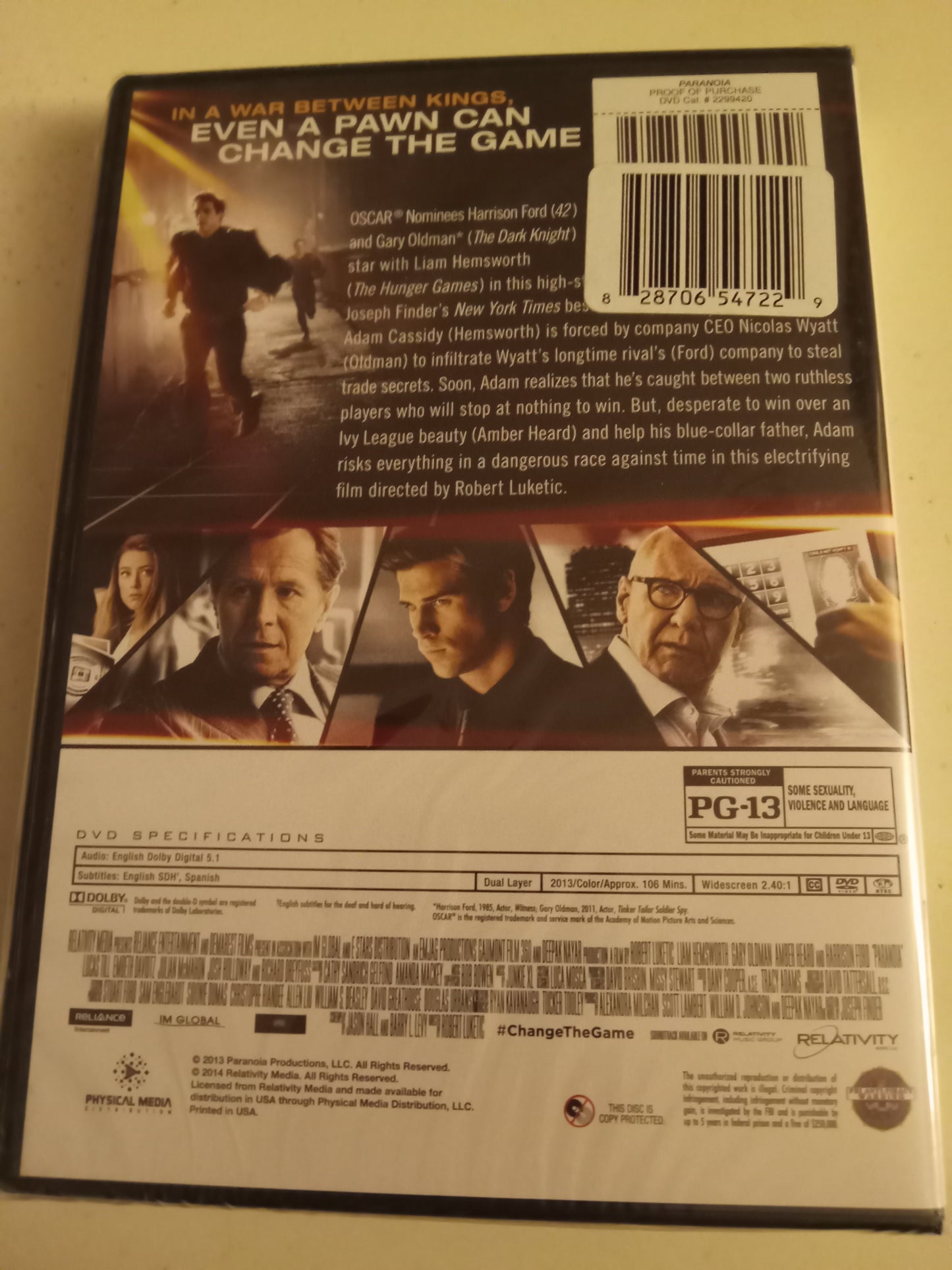 Paranoia, DVD Movie, "Deception is Power" Ed. Liam Hemsworth Widescreen, Rated PG-13, NEW/USED