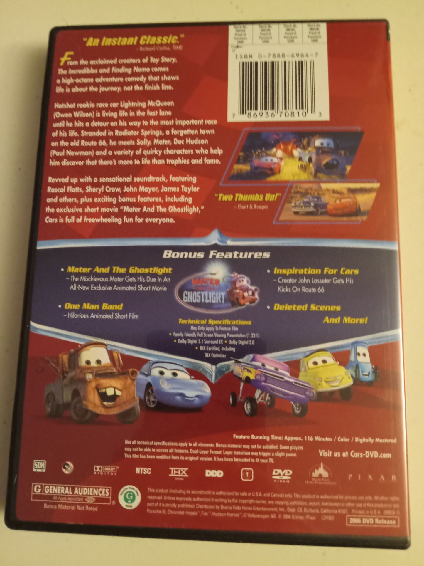 Cars, Pixar Animated DVD Movie, Fullscreen/Widescreen, Rated G, USED