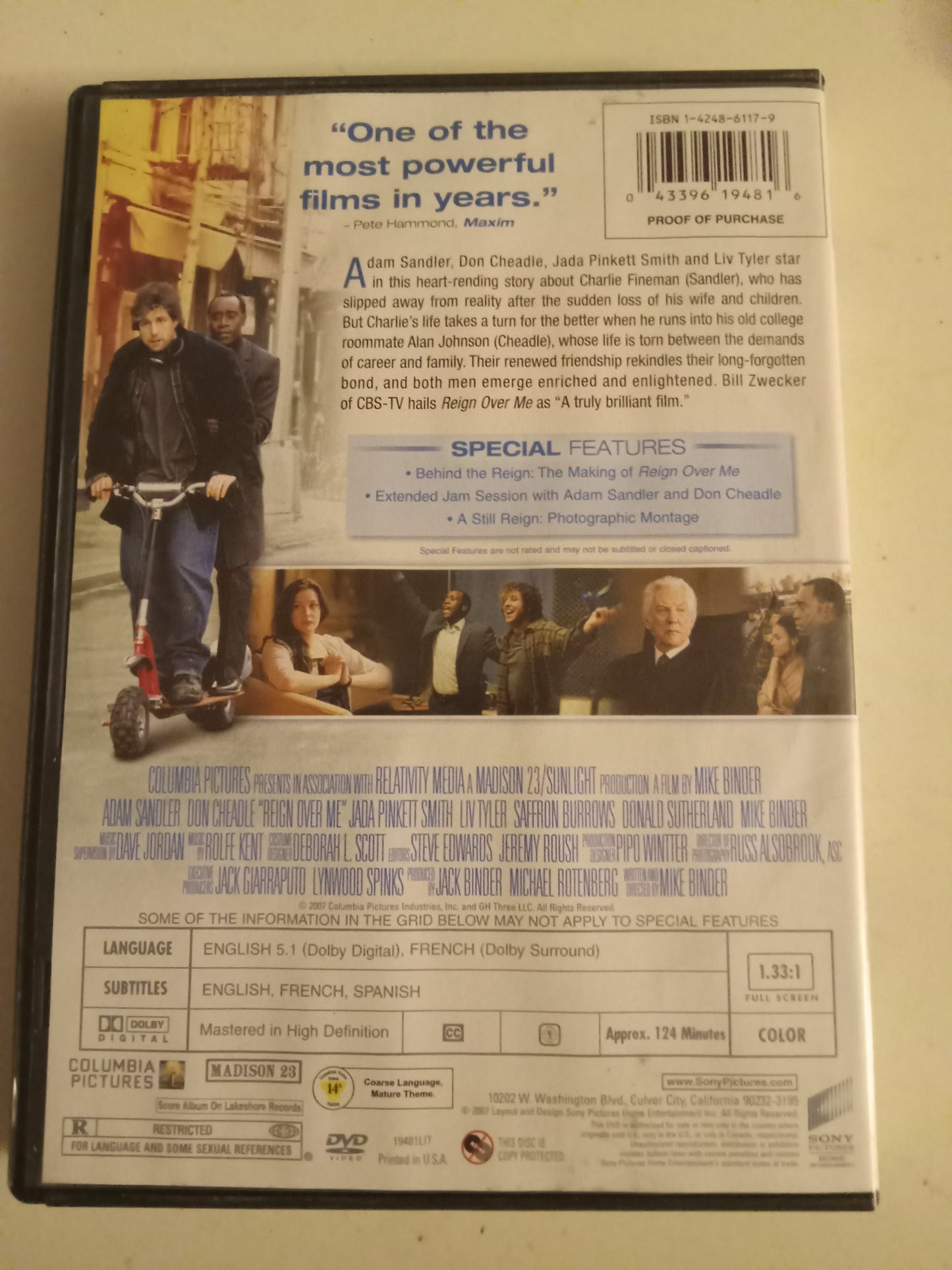 Reign Over Me DVD Movie, Adam Sandler Widescreen/Fullscreen, Rated R, USED