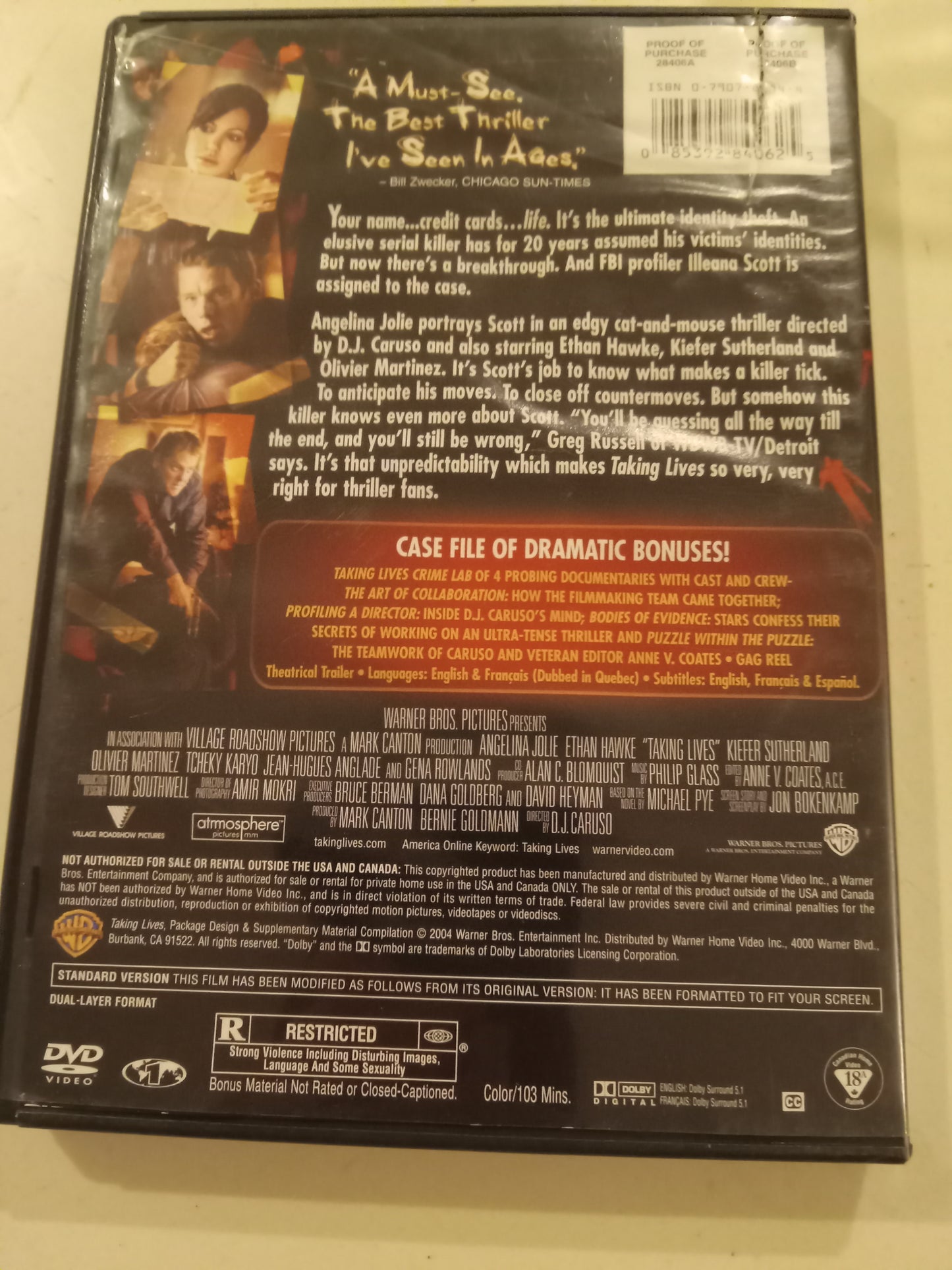 Taking Lives, DVD Movie, Angelina Jolie, Fullscreen, Rated R, USED