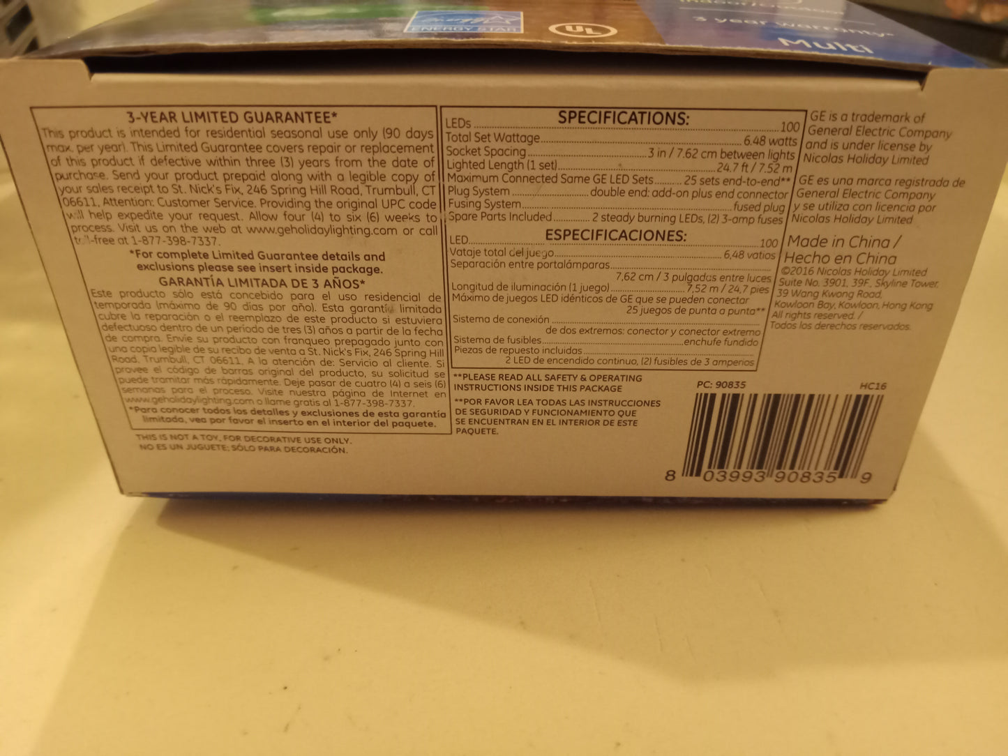 Christmas Lights, 100 LED Multi-color/Cool White, Mini/Micro-Style Lights, Green Wire, GE Stay Bright, NEW