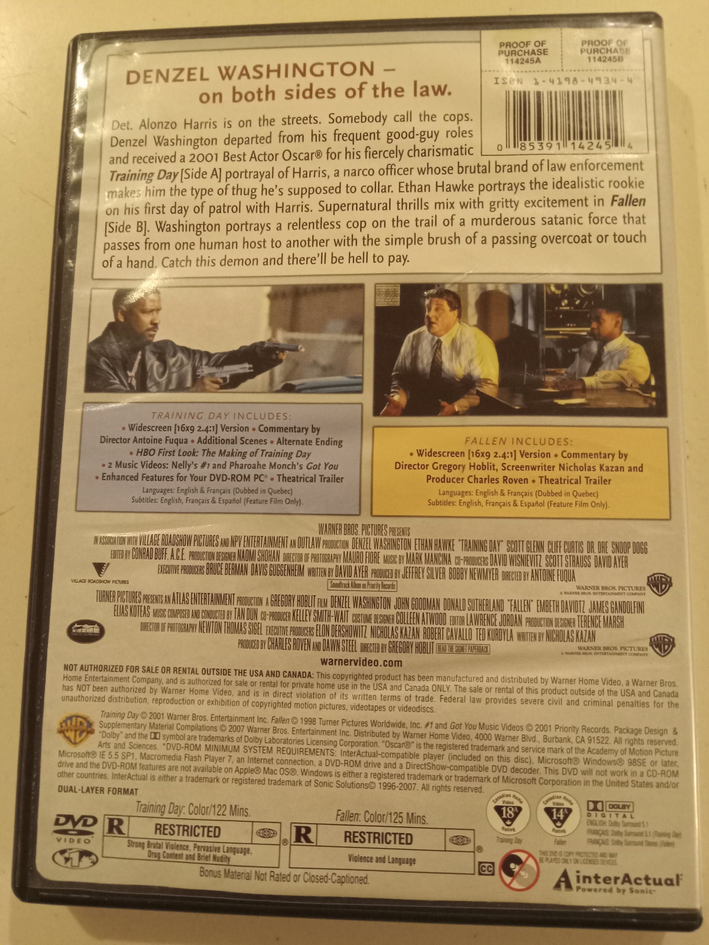 Training Day, & Fallen, Double Feature, 2 DVD Movies, Widescreen, Rated R, USED