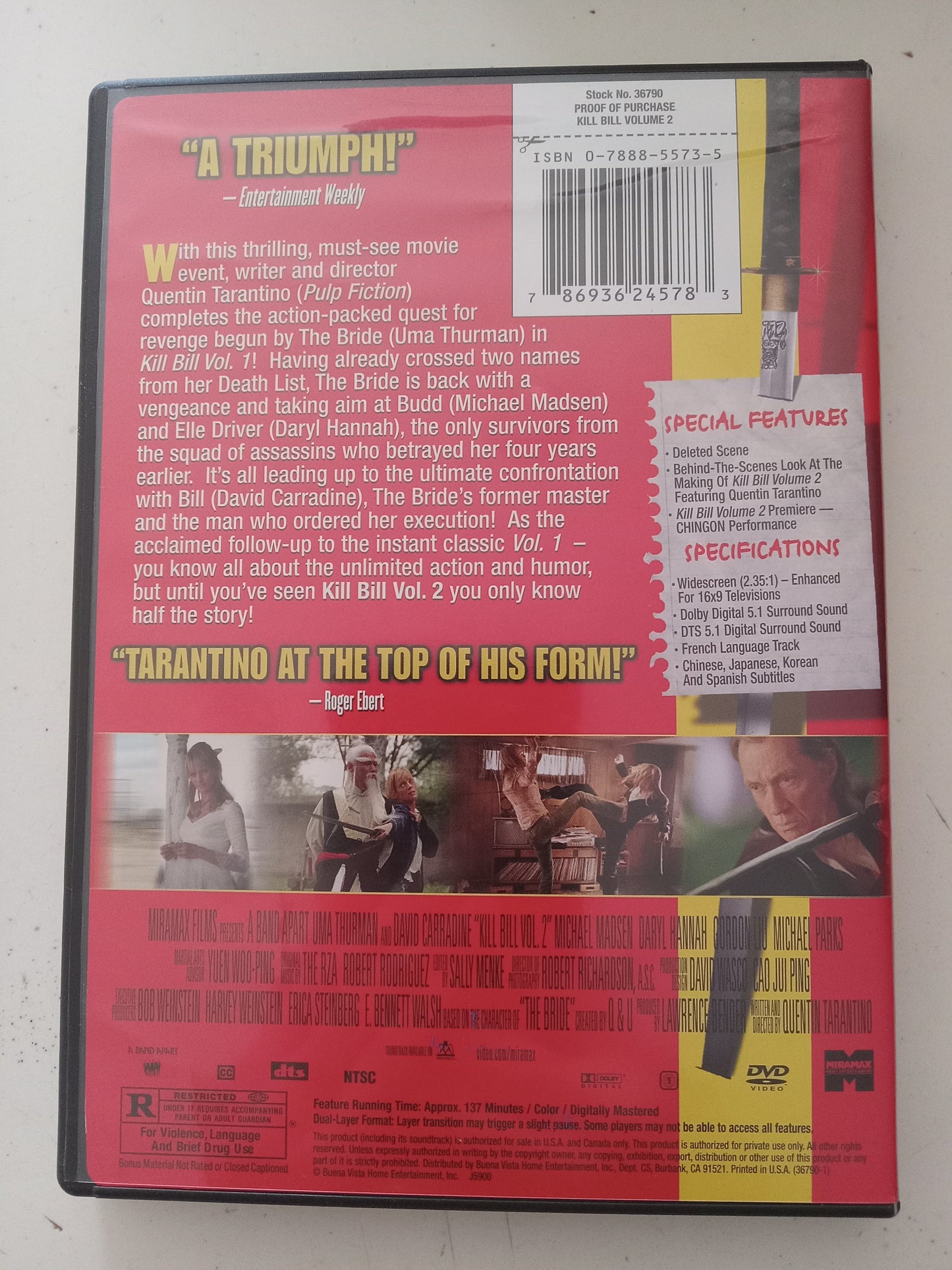 Kill Bill, Volume 2, DVD Movie, Uma Thurman Widescreen, Rated R, USED