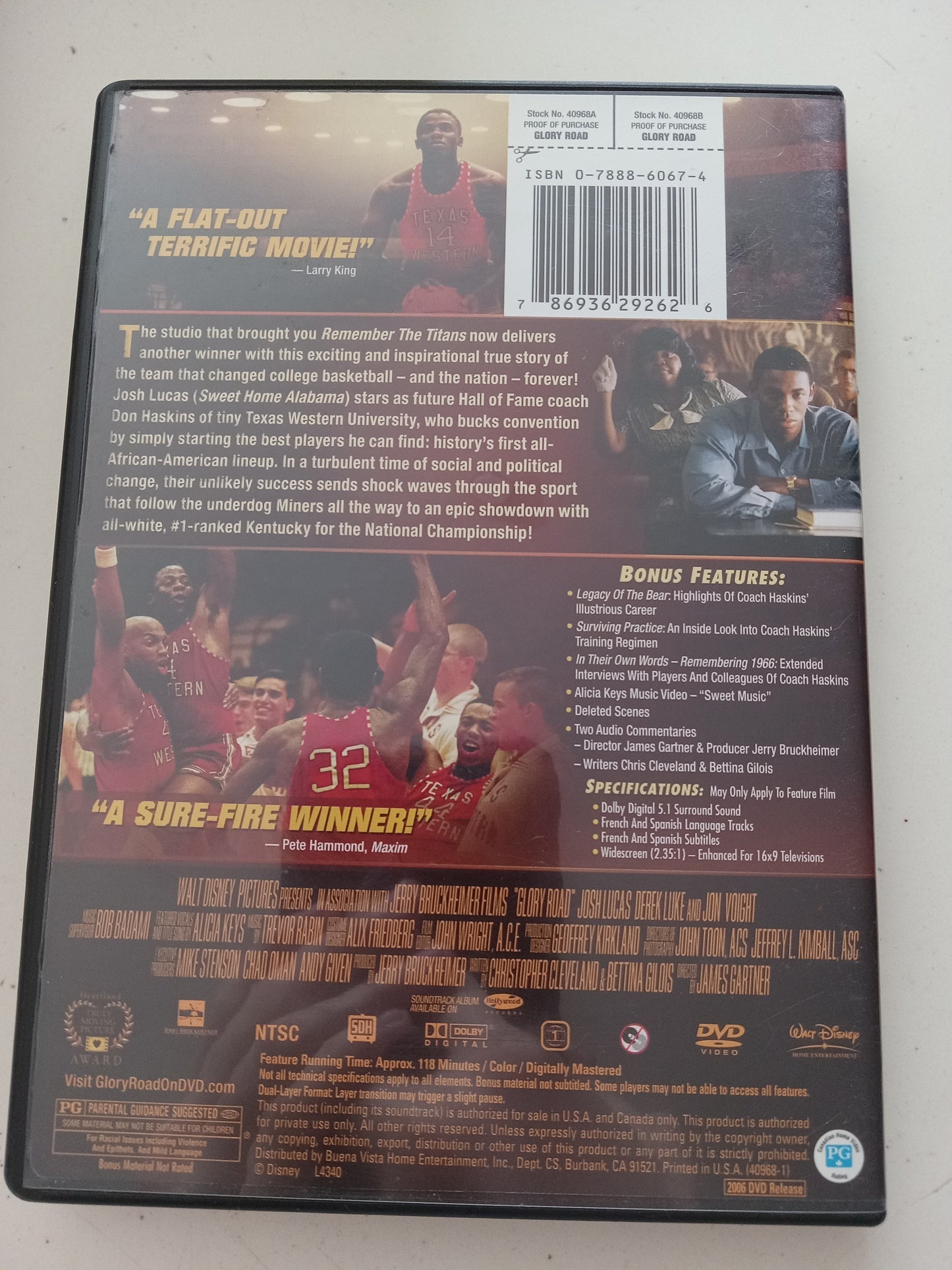 Glory Road, DVD Movie, Josh Lucas Widescreen, Rated PG, USED