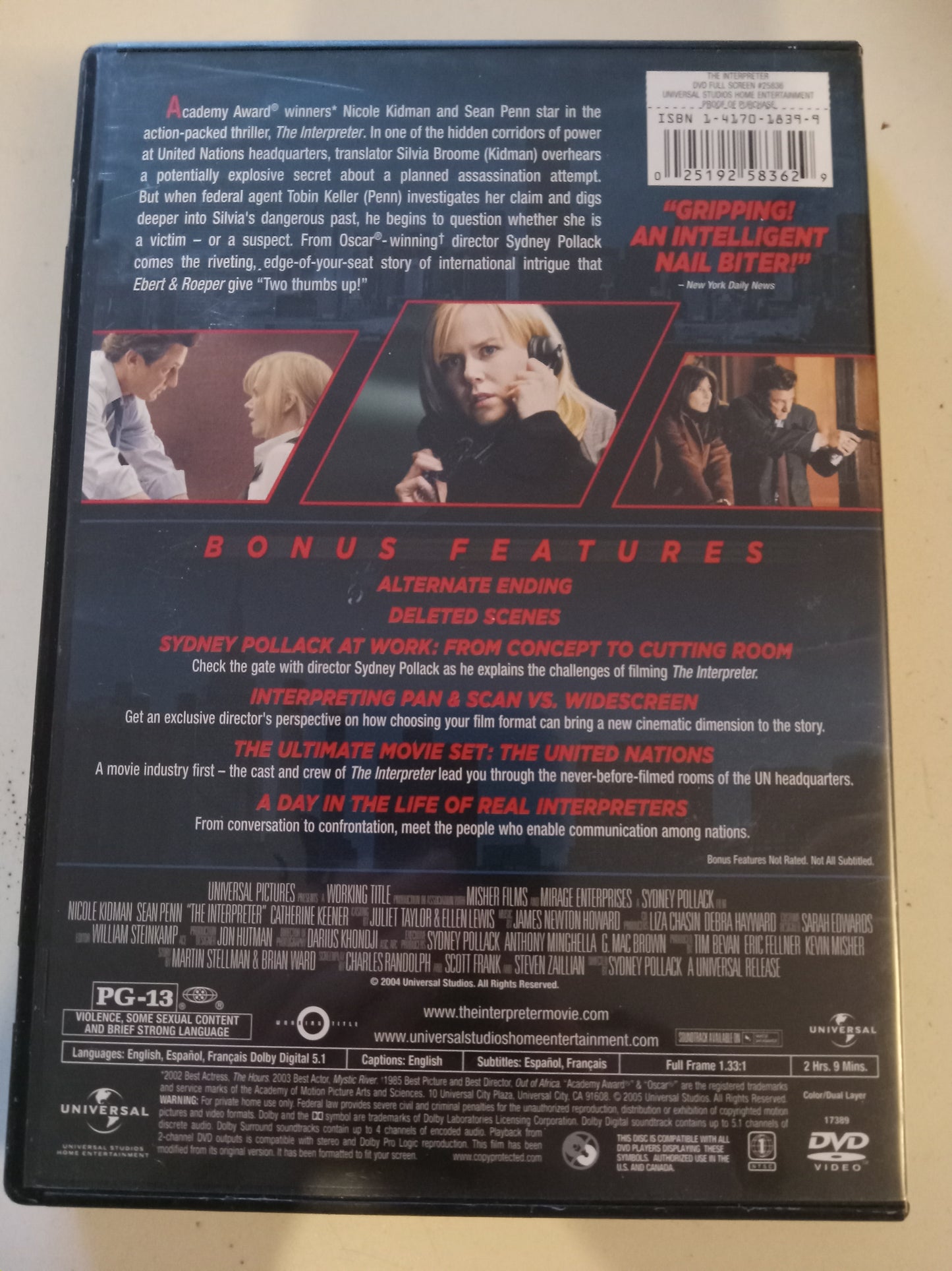 The Interpreter, DVD Movie, Nicole Kidman Fullscreen, Rated PG-13, USED