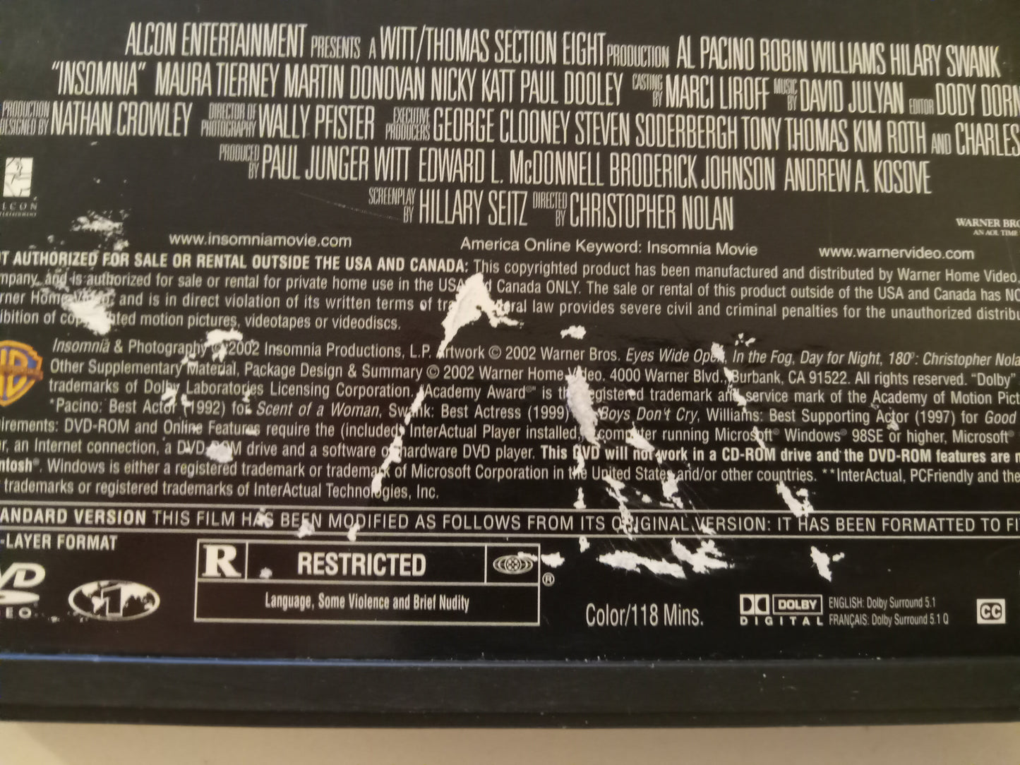 Insomnia, DVD Movie, Robin Williams Fullscreen, Rated R, USED