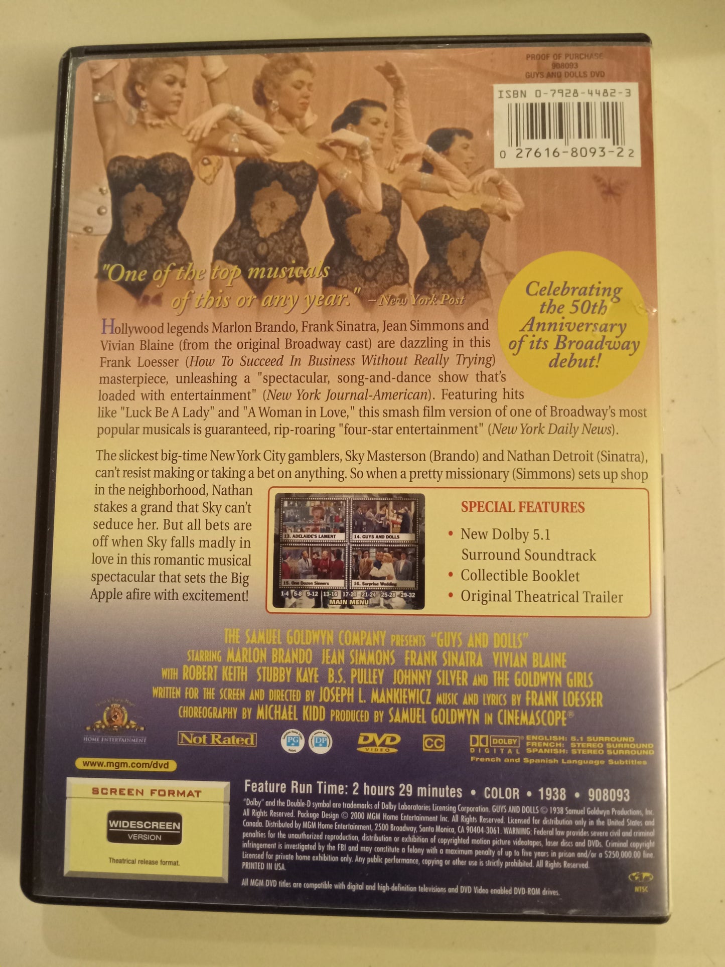 Guys And Dolls, DVD Movie, Frank Sinatra Widescreen, Not Rated, USED