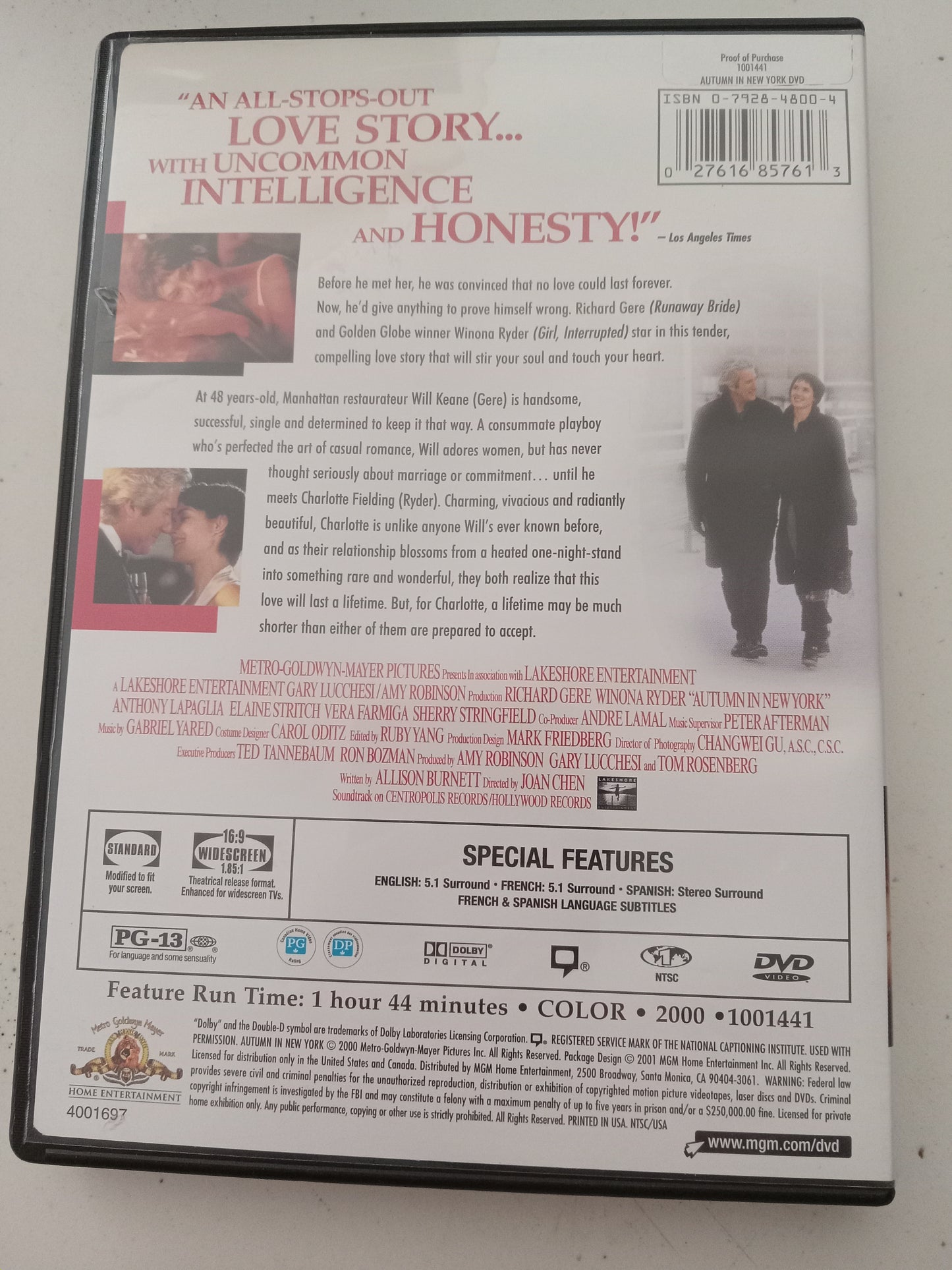 Autumn In New York, DVD Movie, Richard Gere Widescreen, Rated PG-13, USED