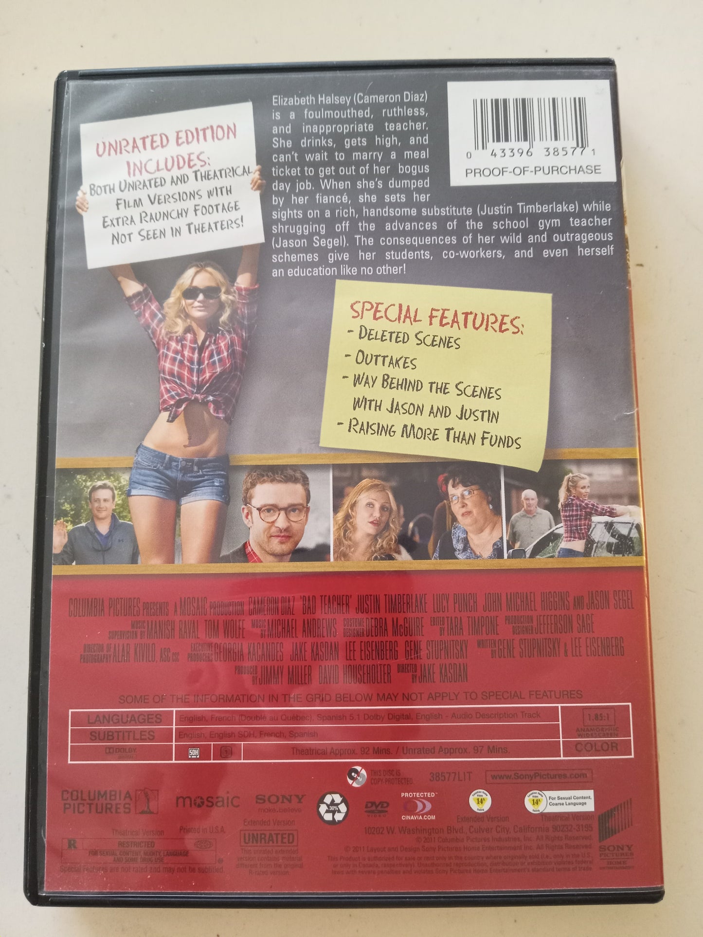 Bad Teacher, DVD Movie, Cameron Diaz Widescreen, Not-Rated, Rated R, USED
