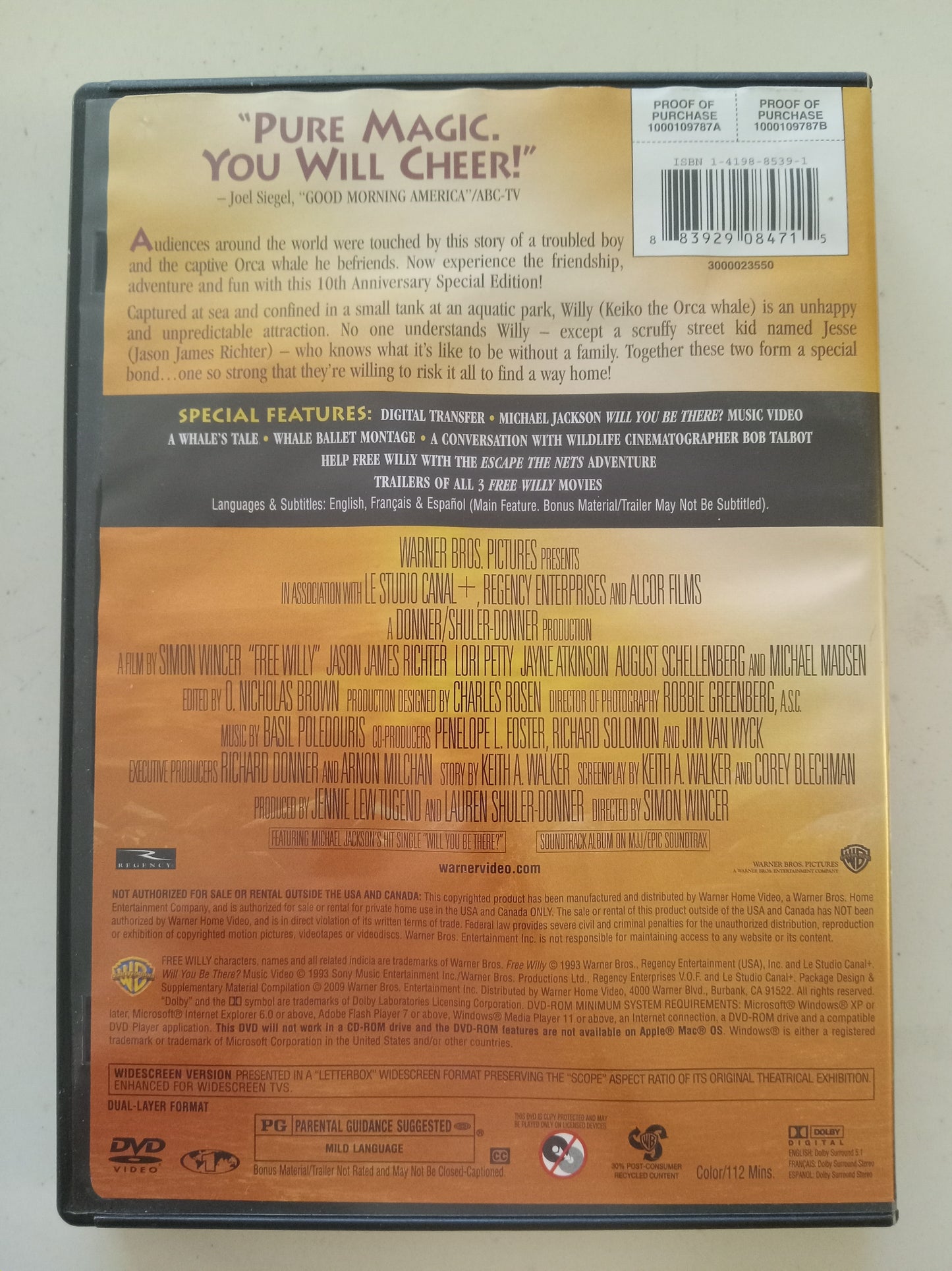 Free Willy, 20th Anniversary Ed. DVD Movie, Jesse James Richter Widescreen, Rated PG, USED