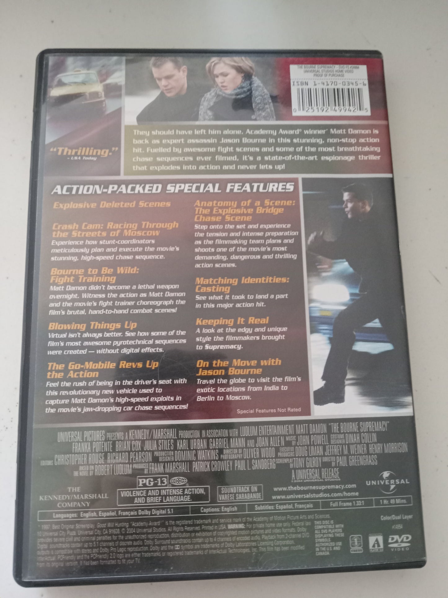 The Bourne Supremacy, DVD Movie, Matt Damon Fullscreen, Rated PG-13, USED
