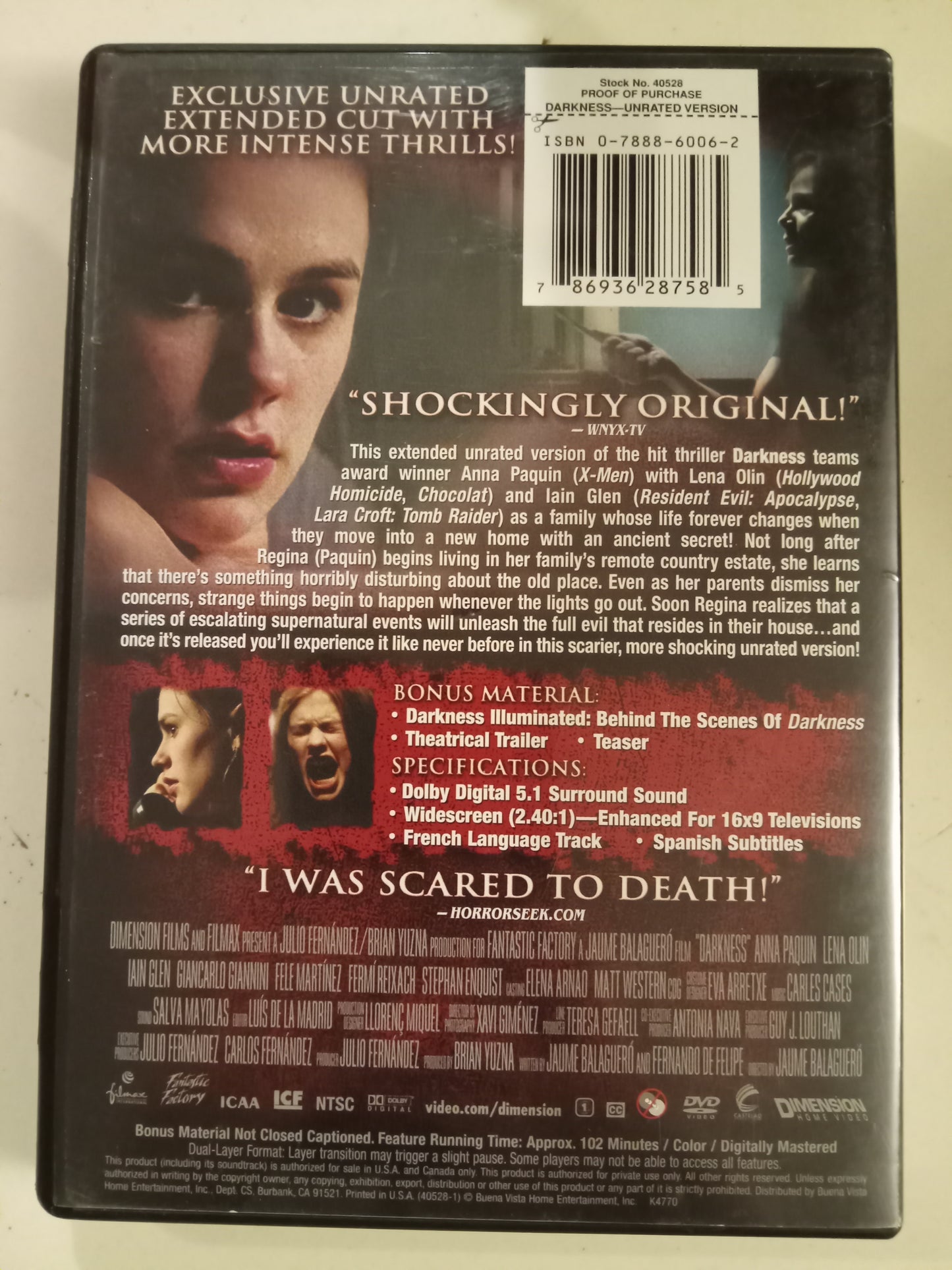 Darkness, DVD Movie, Anna Paquin Widescreen, Not Rated, USED