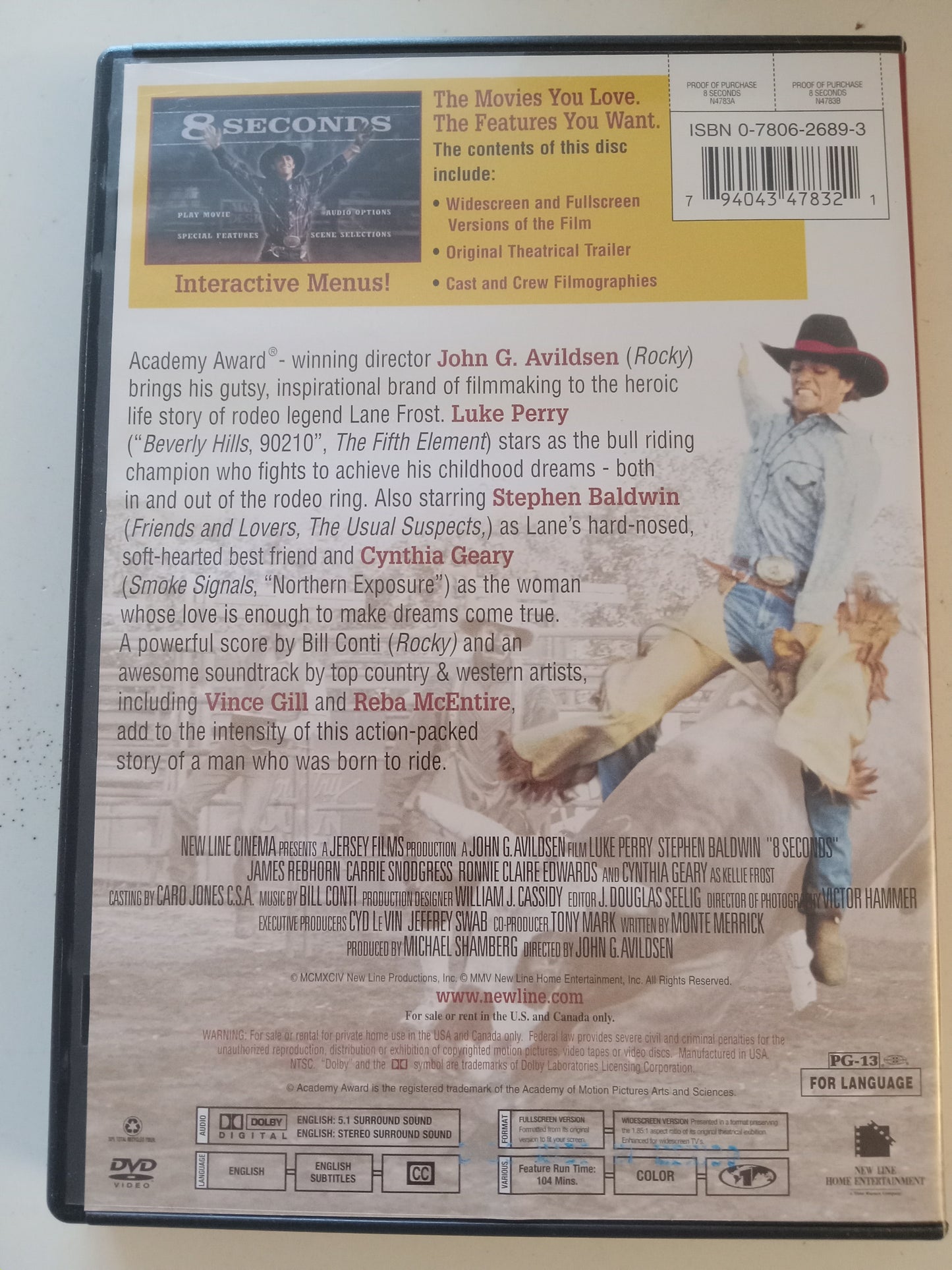 8 Seconds, DVD Movie, Luke Perry Fullscreen, Rated PG-13, USED