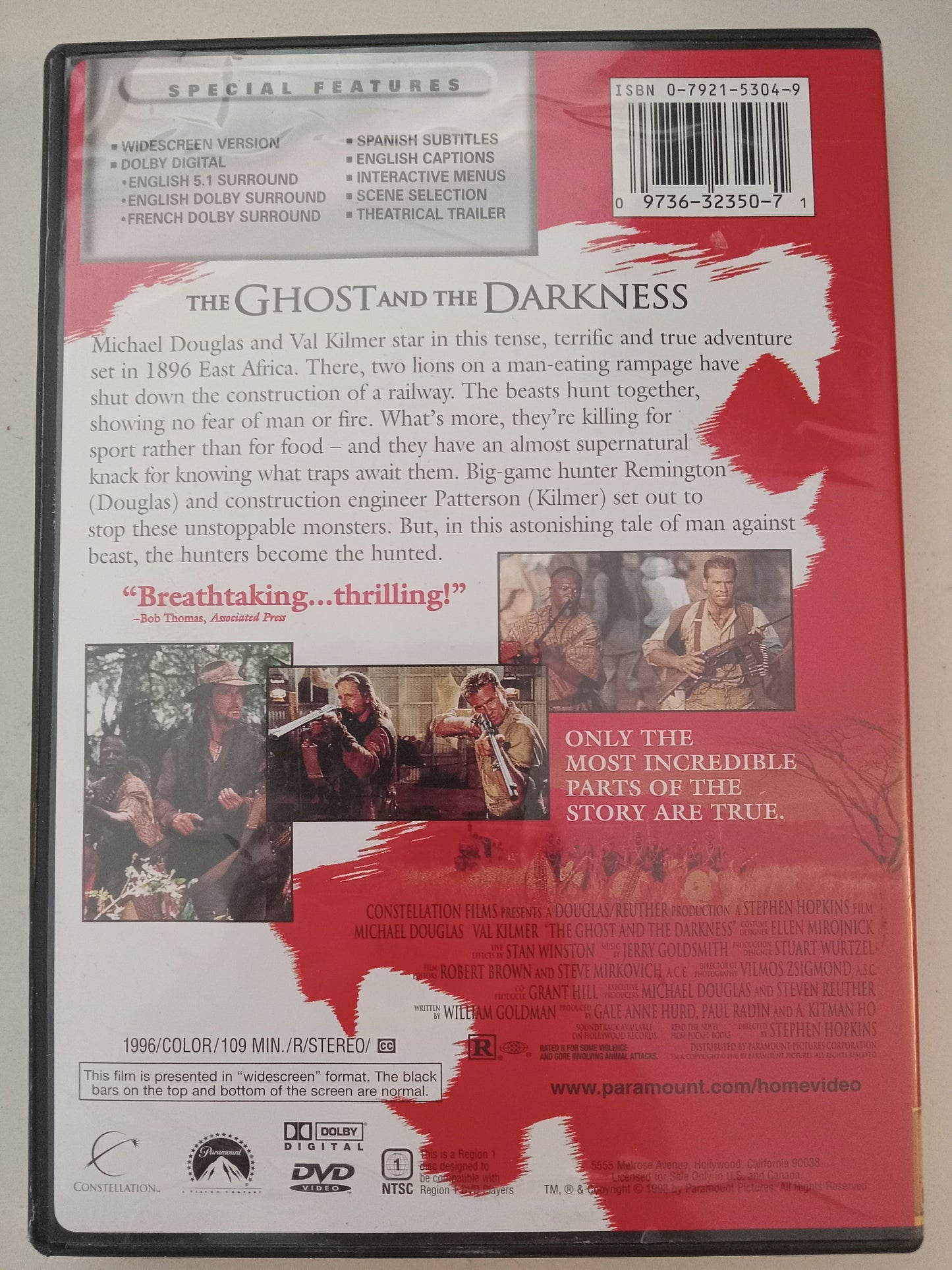 The Ghost And The Darkness, DVD Movie, Michael Douglas Widescreen, Rated R, USED