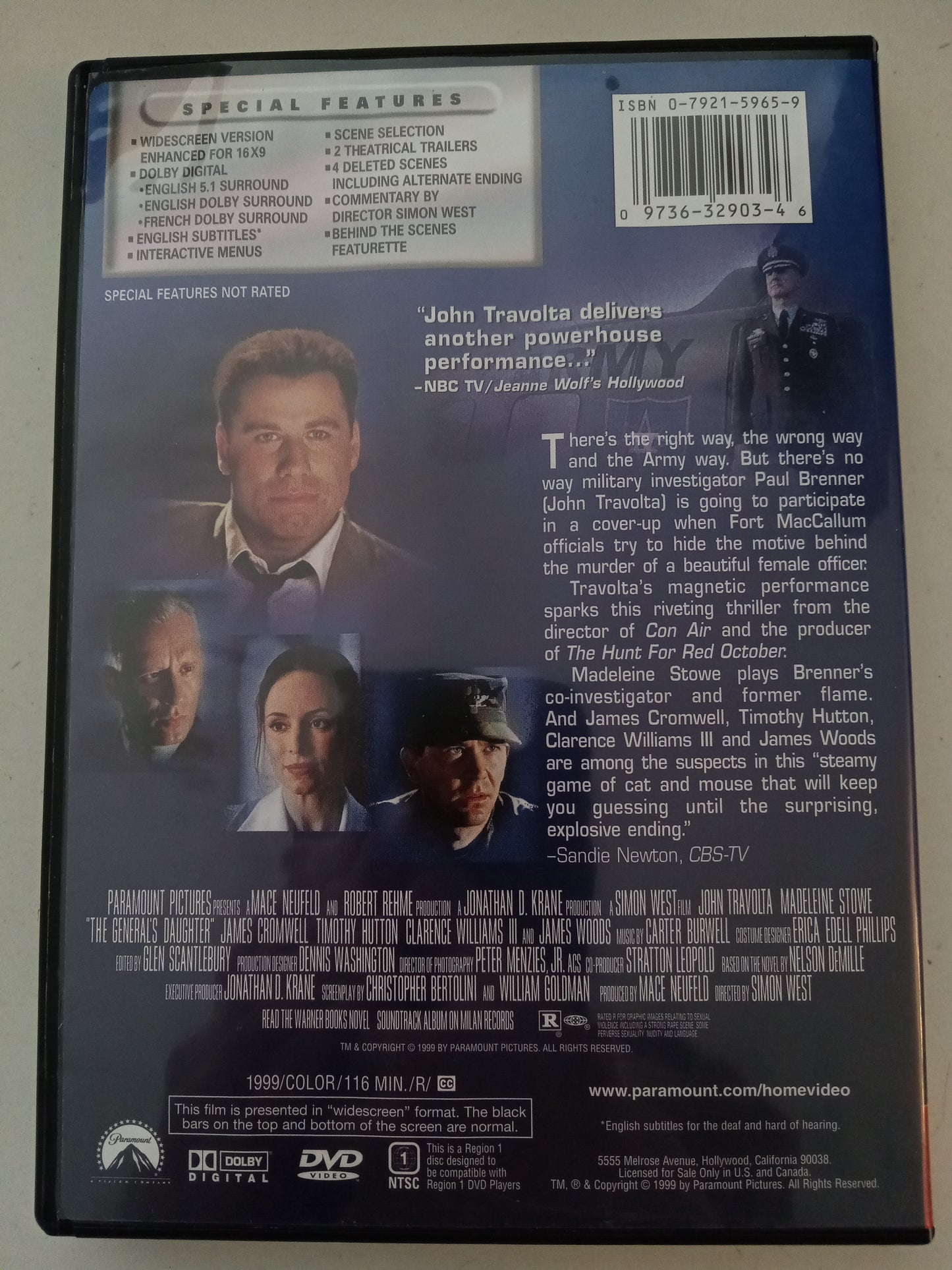 The General's Daughter, DVD Movie, John Travolta Widescreen, Rated R, USED