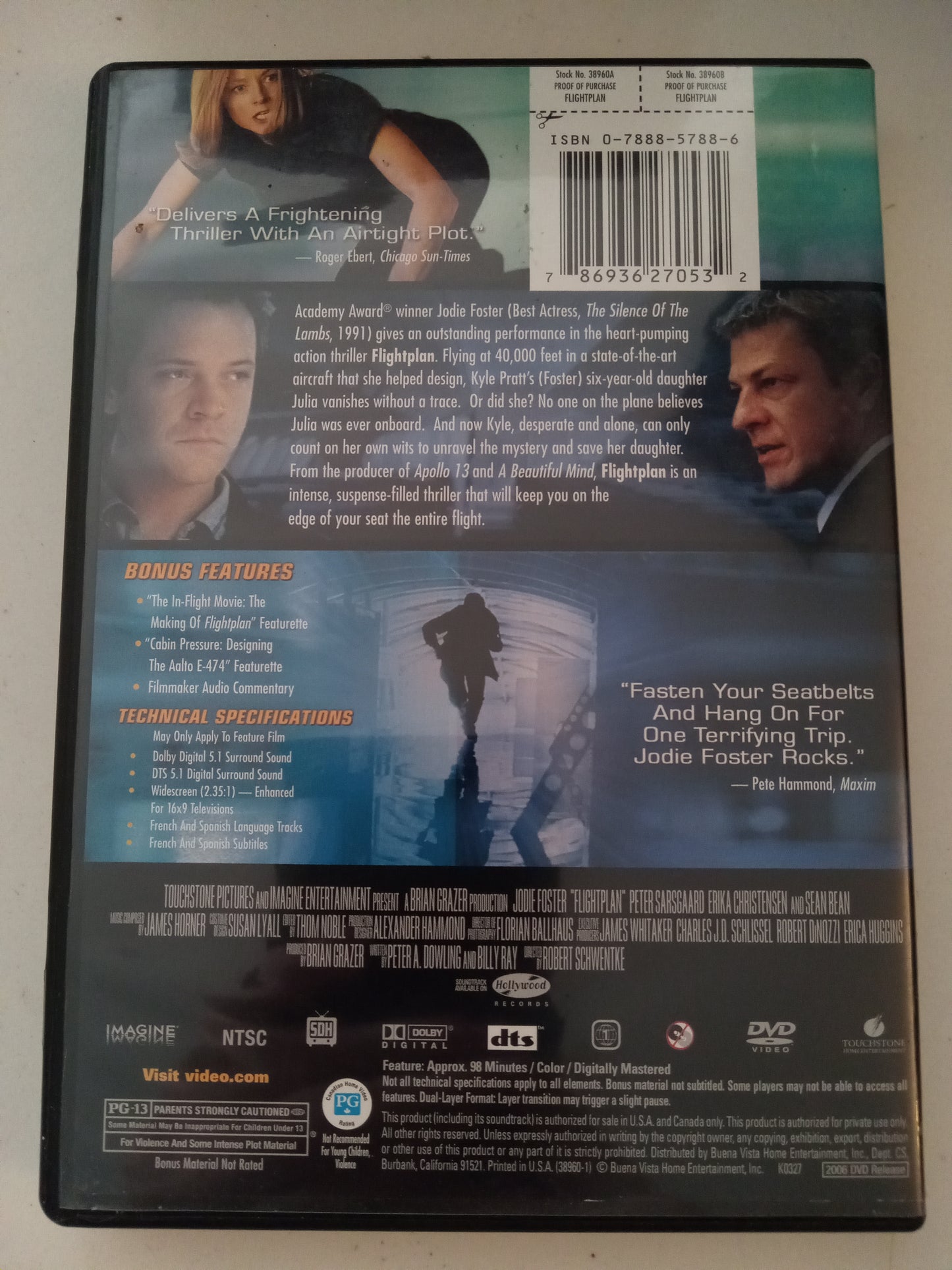 Flight Plan, DVD Movie, Jodie Foster Widescreen, Rated PG-13, USED