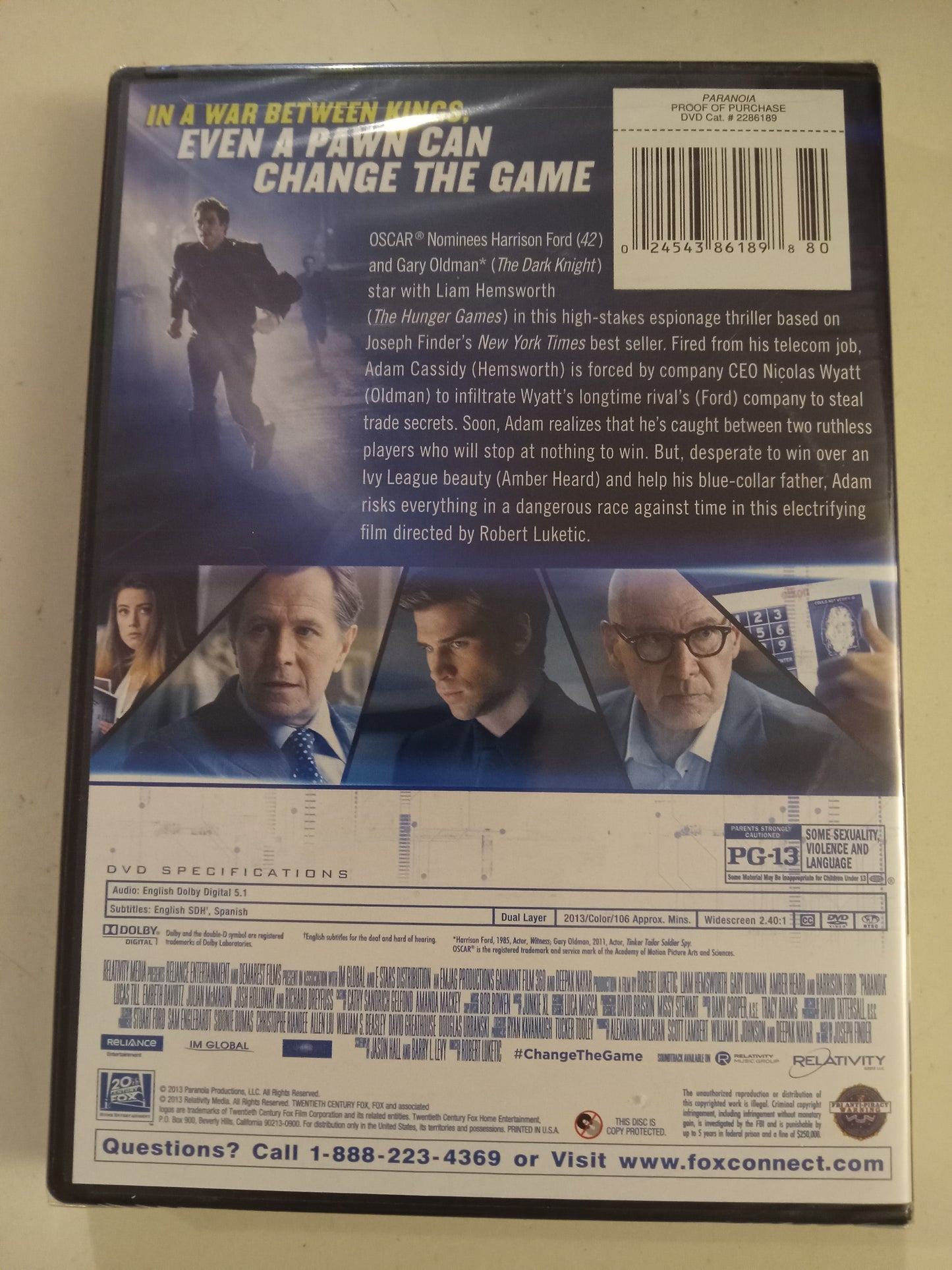 Paranoia, DVD Movie, "Deception is Power" Ed. Liam Hemsworth Widescreen, Rated PG-13, NEW/USED
