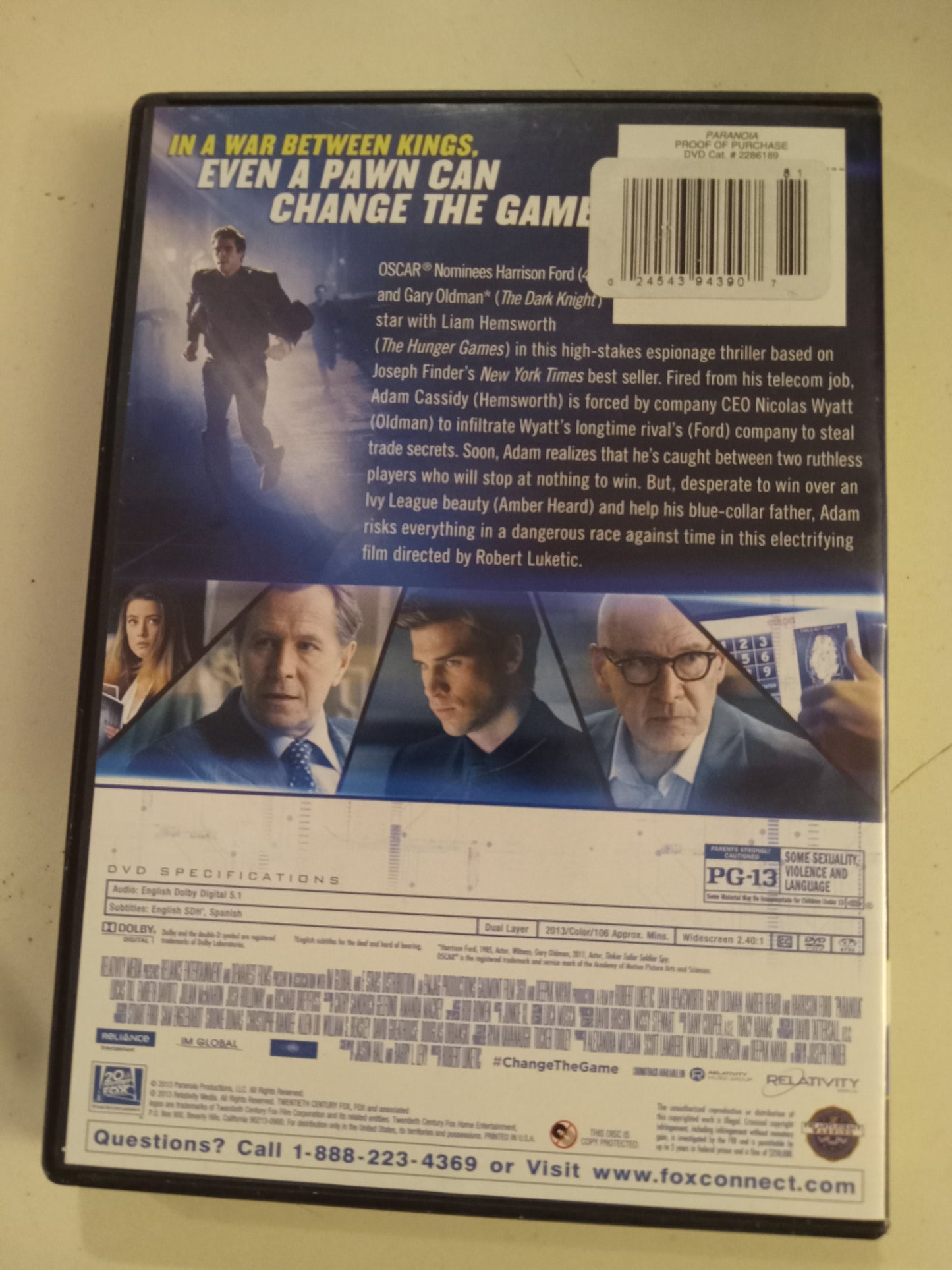 Paranoia, DVD Movie, "Deception is Power" Ed. Liam Hemsworth Widescreen, Rated PG-13, NEW/USED