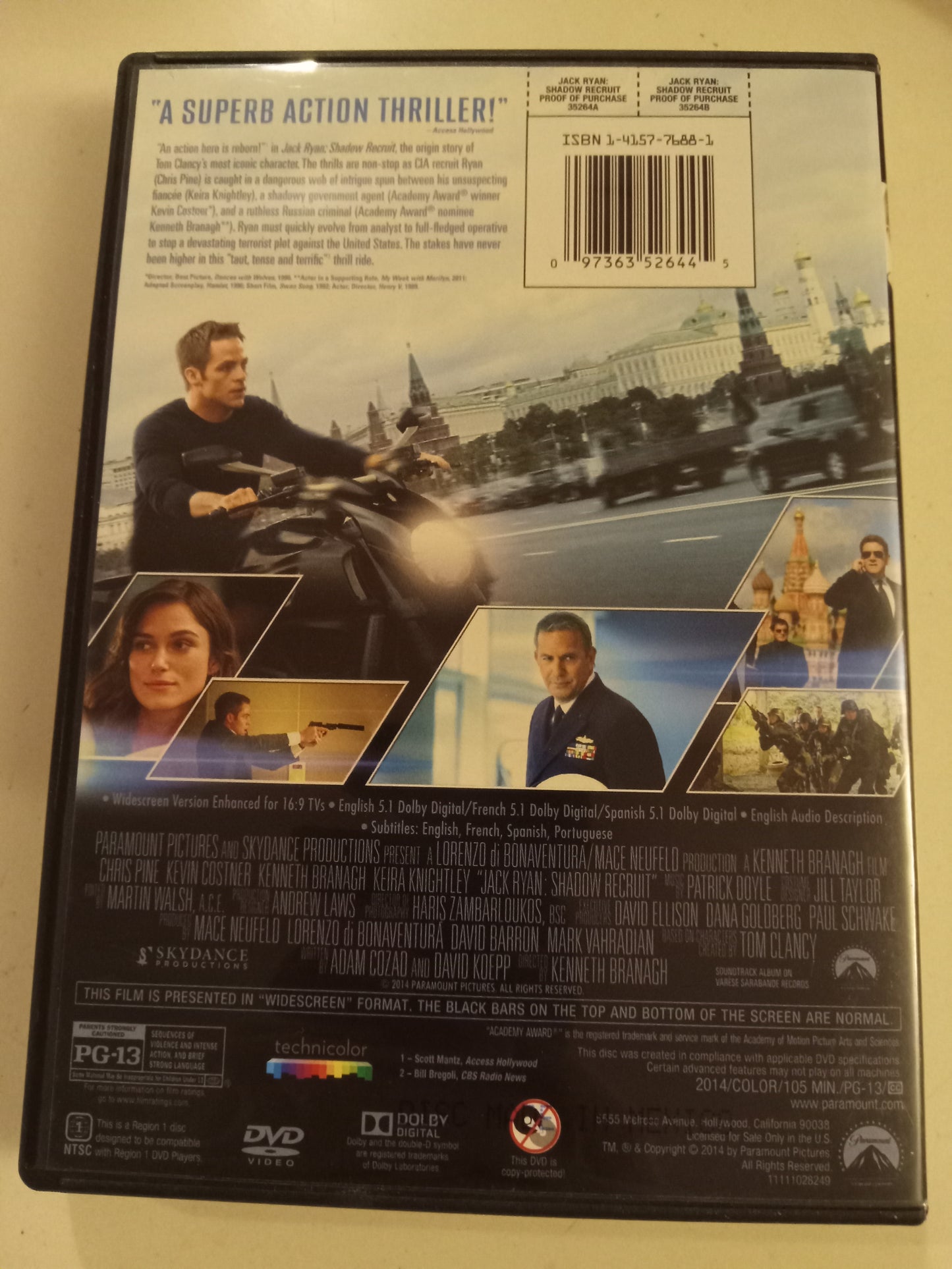 Jack Ryan: Shadow Recruit, DVD Movie, Chris Pine Widescreen, Rated PG-13, USED