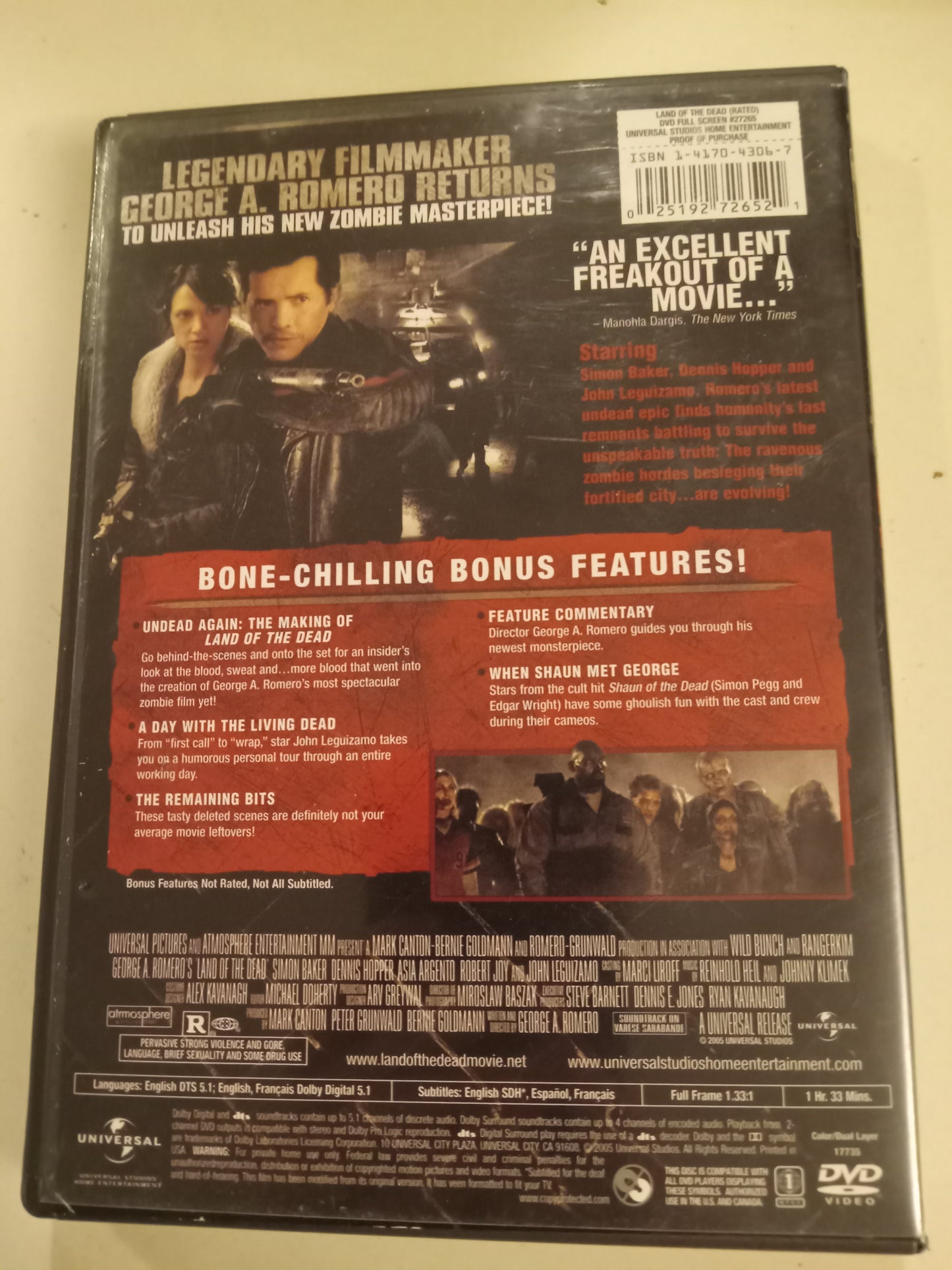 Land Of The Dead, DVD Movie, Dennis Hopper Fullscreen, Rated R, USED