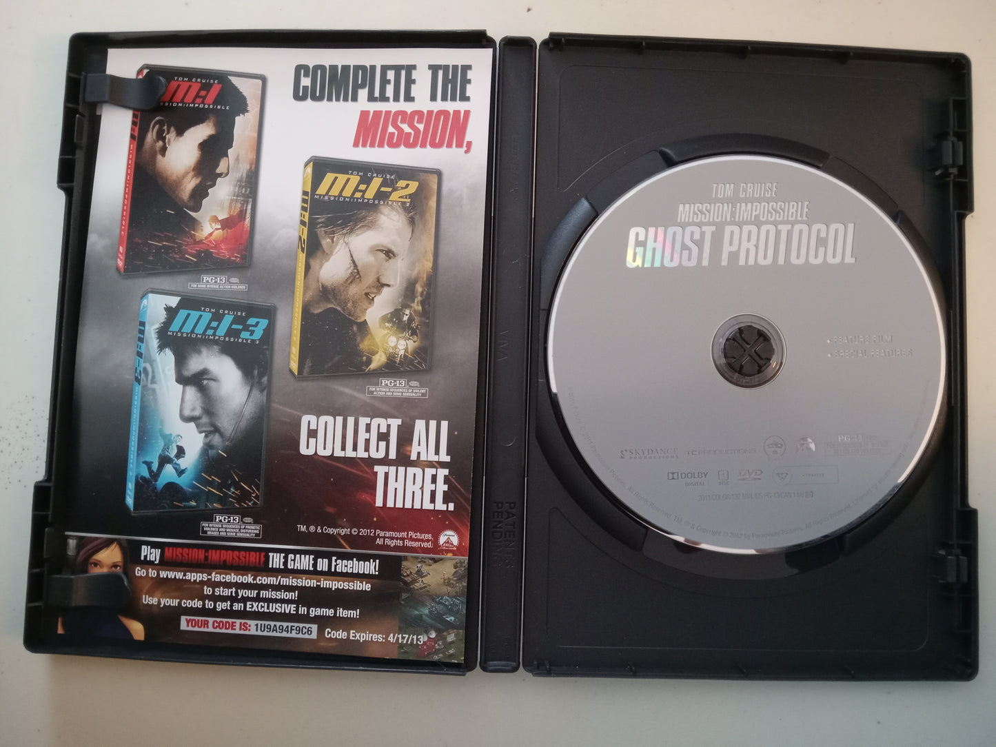 Mission Impossible Ghost Protocol, DVD Movie, Tom Cruise Widescreen, Rated PG-13, USED