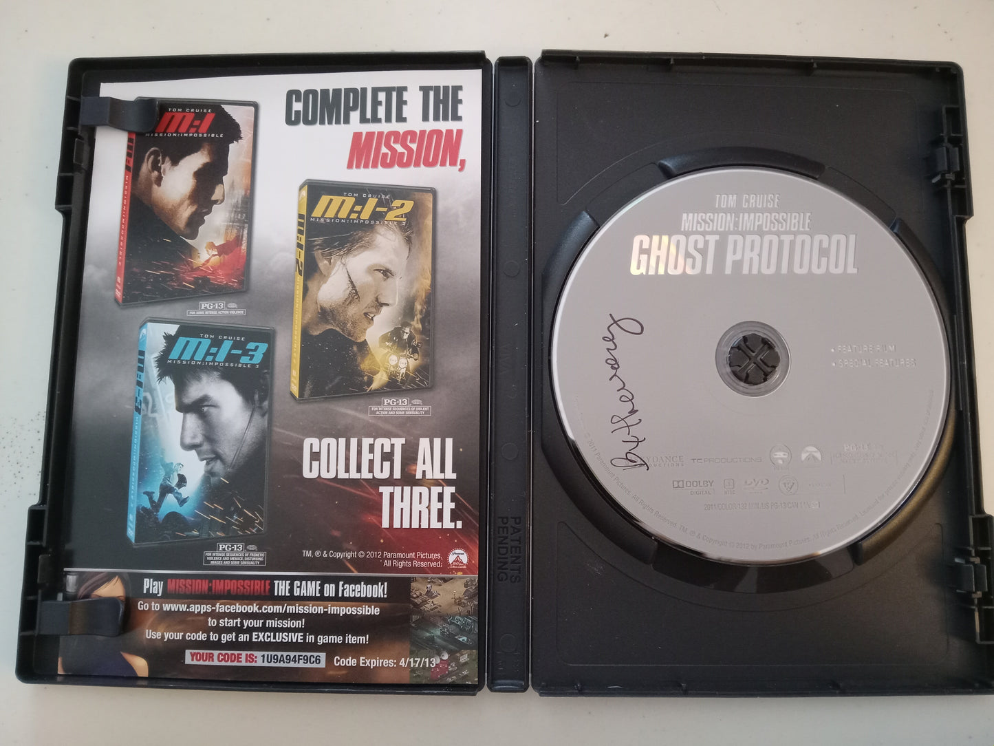 Mission Impossible Ghost Protocol, DVD Movie, Tom Cruise Widescreen, Rated PG-13, USED
