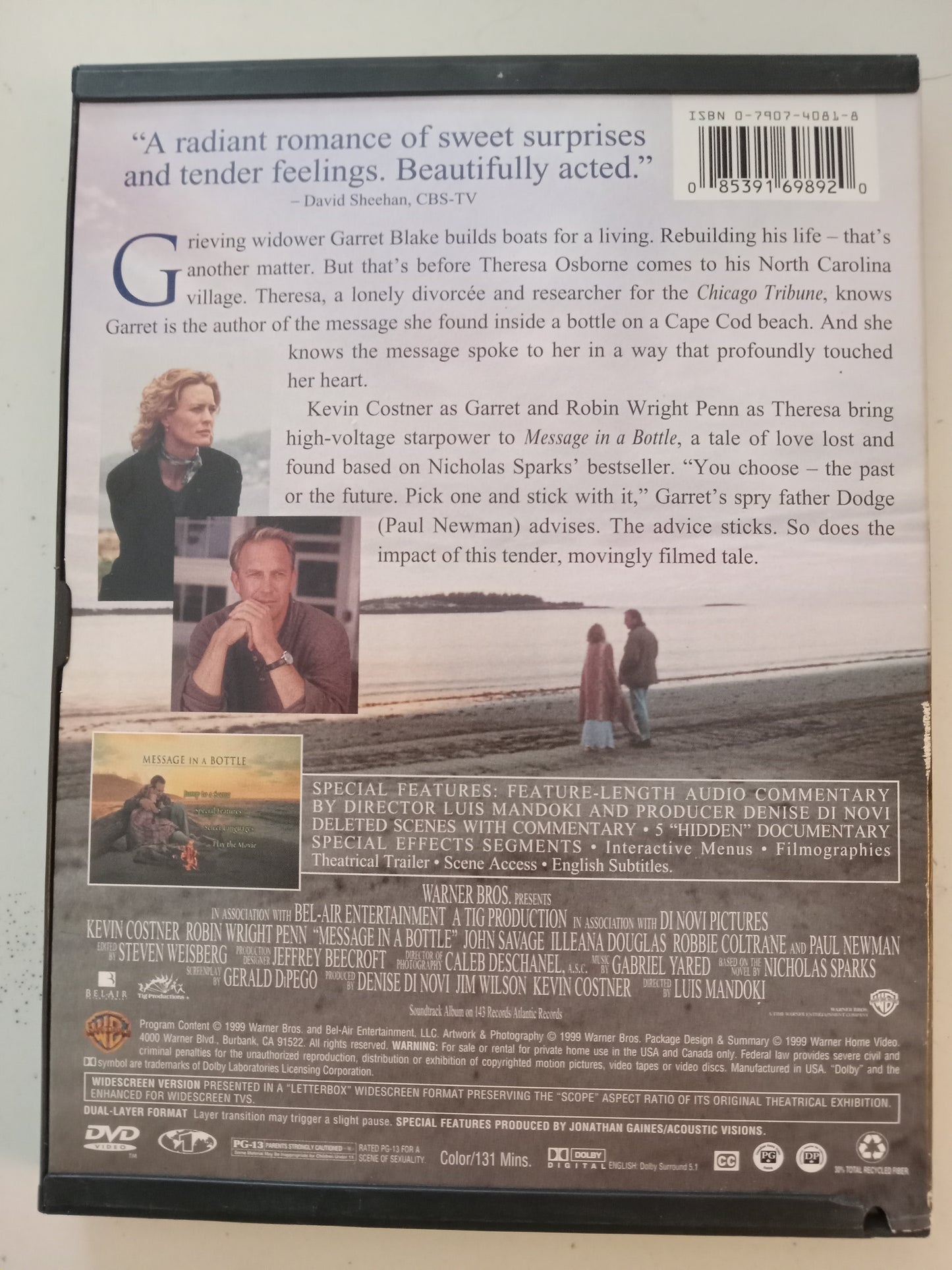 Message In A Bottle, DVD Movie, Kevin Costner Widescreen, Rated PG-13, USED