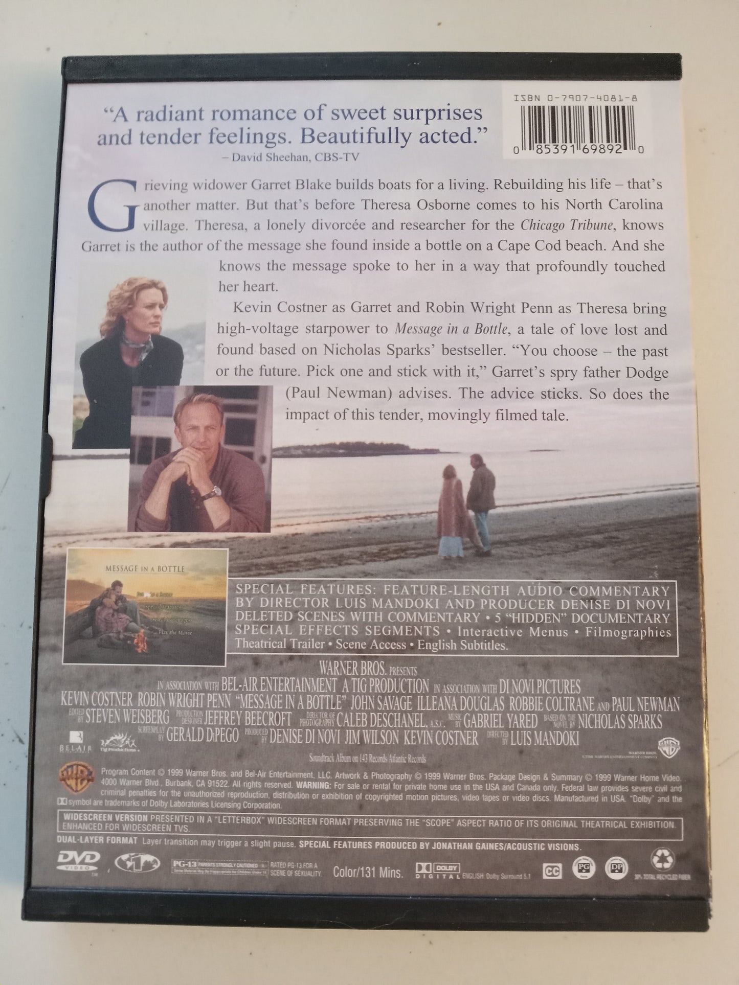 Message In A Bottle, DVD Movie, Kevin Costner Widescreen, Rated PG-13, USED