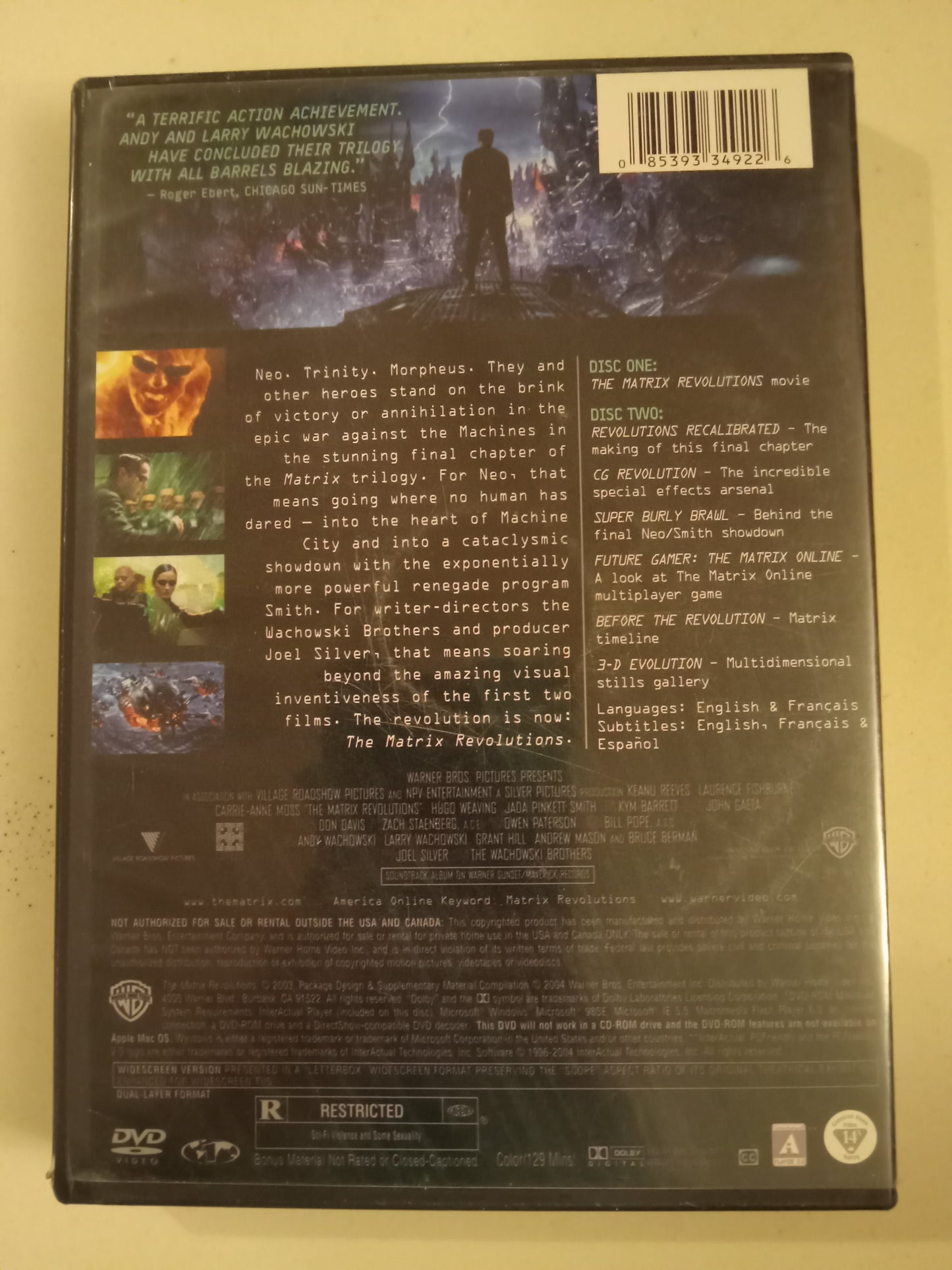 Matrix Revolutions, 2 Disc DVD Movie, Keanu Reeves Fullscreen/Widescreen, Rated R, USED