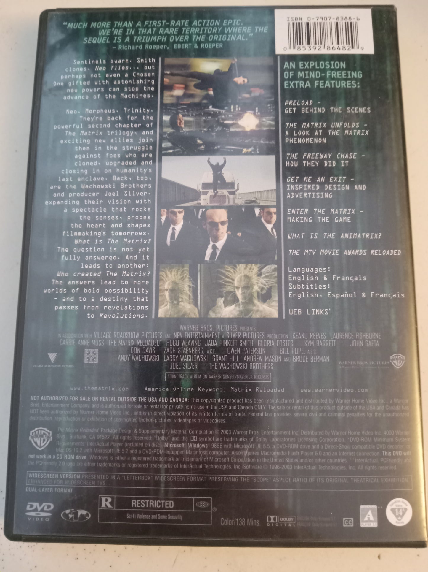 Matrix Reloaded, 2 Disc DVD Movie, Keanu Reeves Fullscreen/Widescreen, Rated R, USED