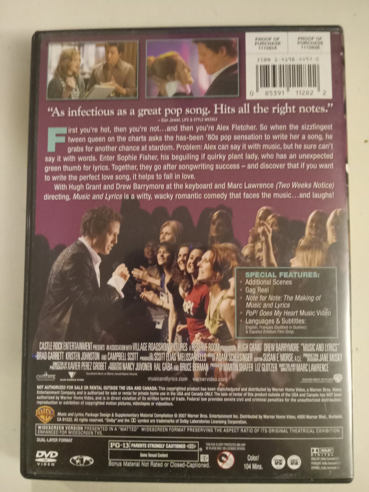 Music And Lyrics, DVD Movie, Drew Barrymore Fullscreen/Widescreen, Rated PG-13, USED