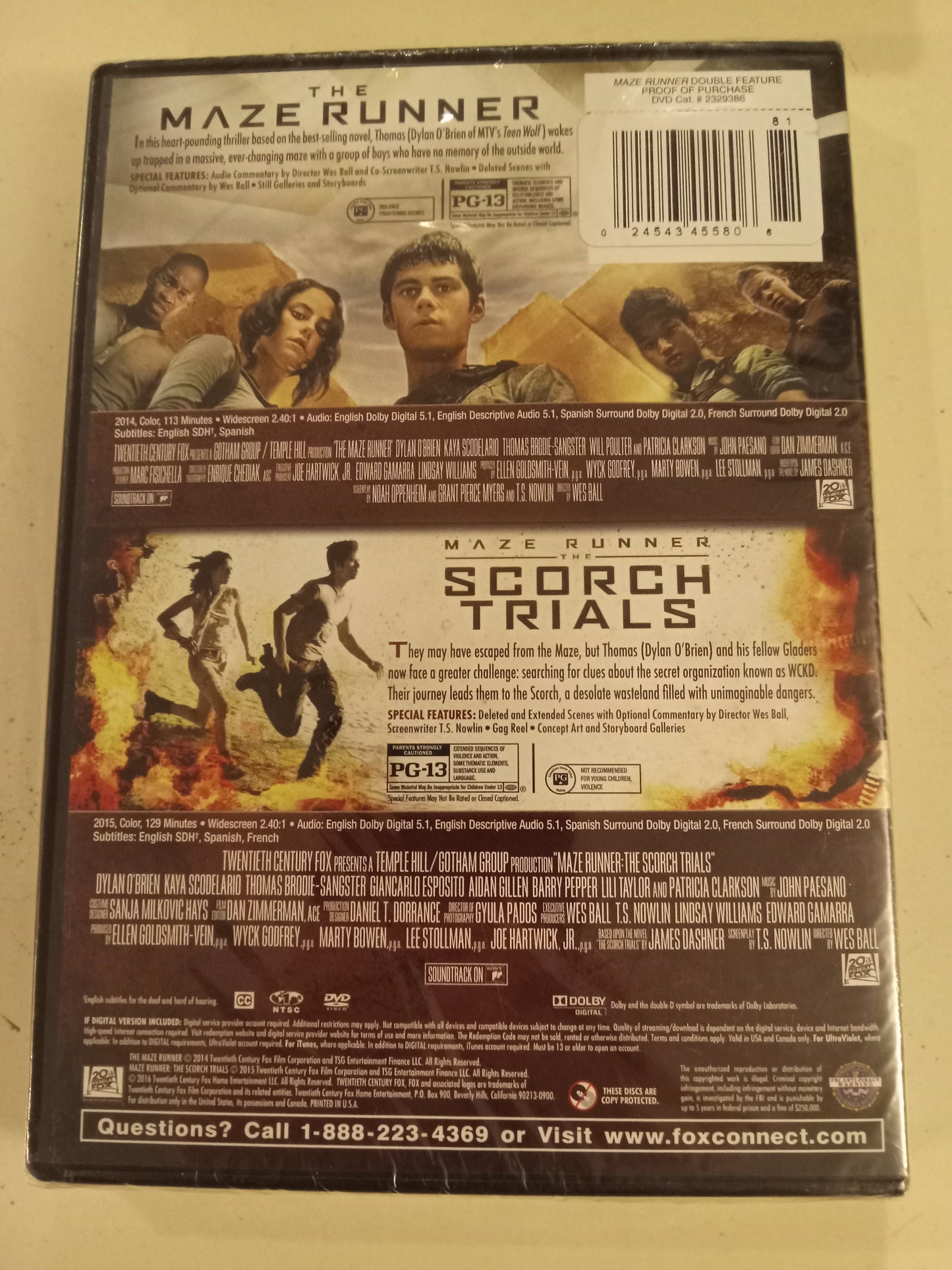 Maze Runner & The Scorch Trials, 2 DVD Movies, Dylan O'Brien Widescreen, Rated PG-13, NEW
