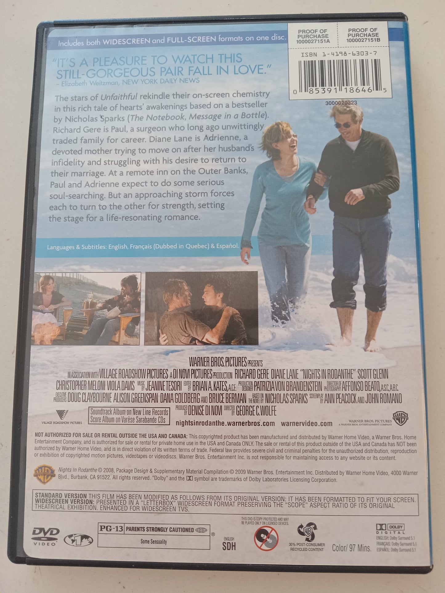 Nights In Rodanthe, DVD Movie, Richard Gere Widescreen, Rated PG-13, USED