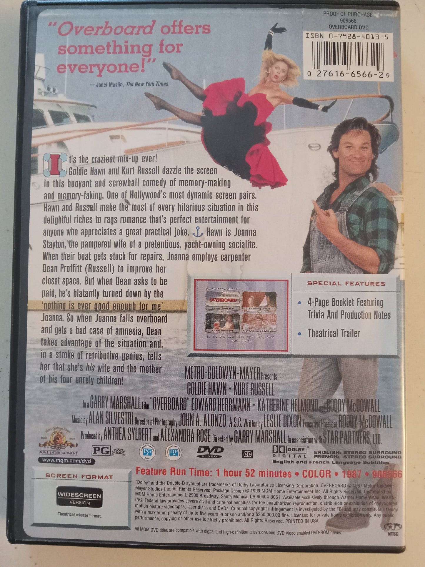 Overboard, DVD Movie, Kurt Russell Widescreen, Rated PG, USED