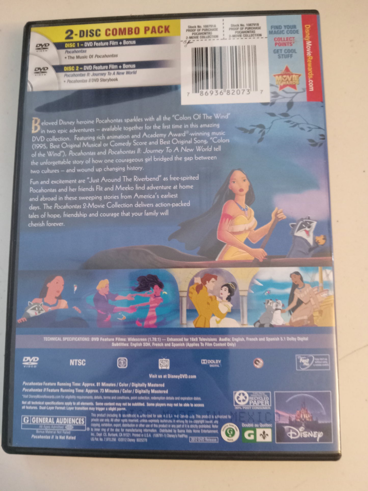 Pocahontas 1 And 2, Disney Animation 2 DVD Movies, Widescreen, Rated G, USED