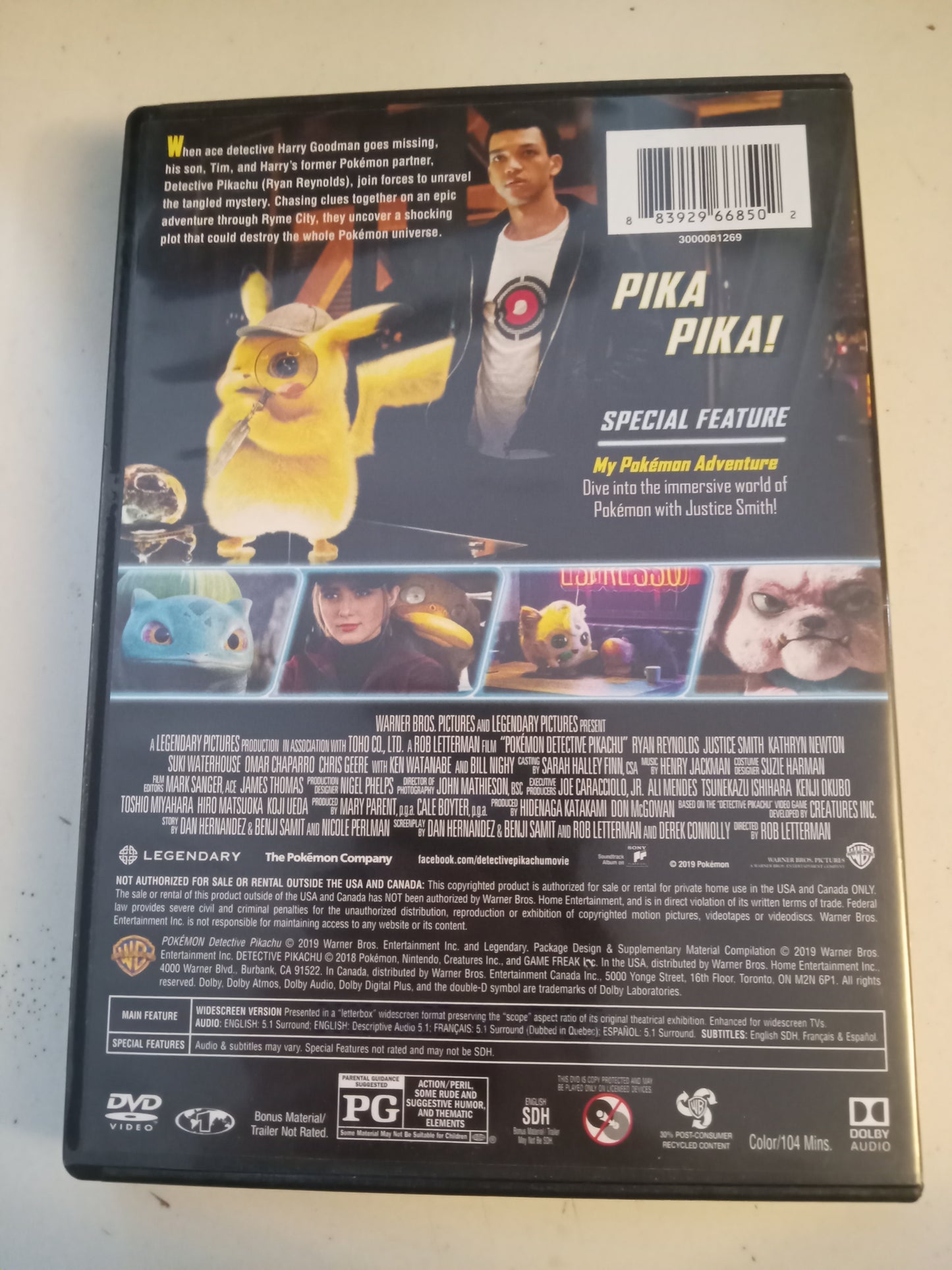 Pokemon Detective Pikachu, DVD Movie, Ryan Reynolds Widescreen, Rated PG, USED