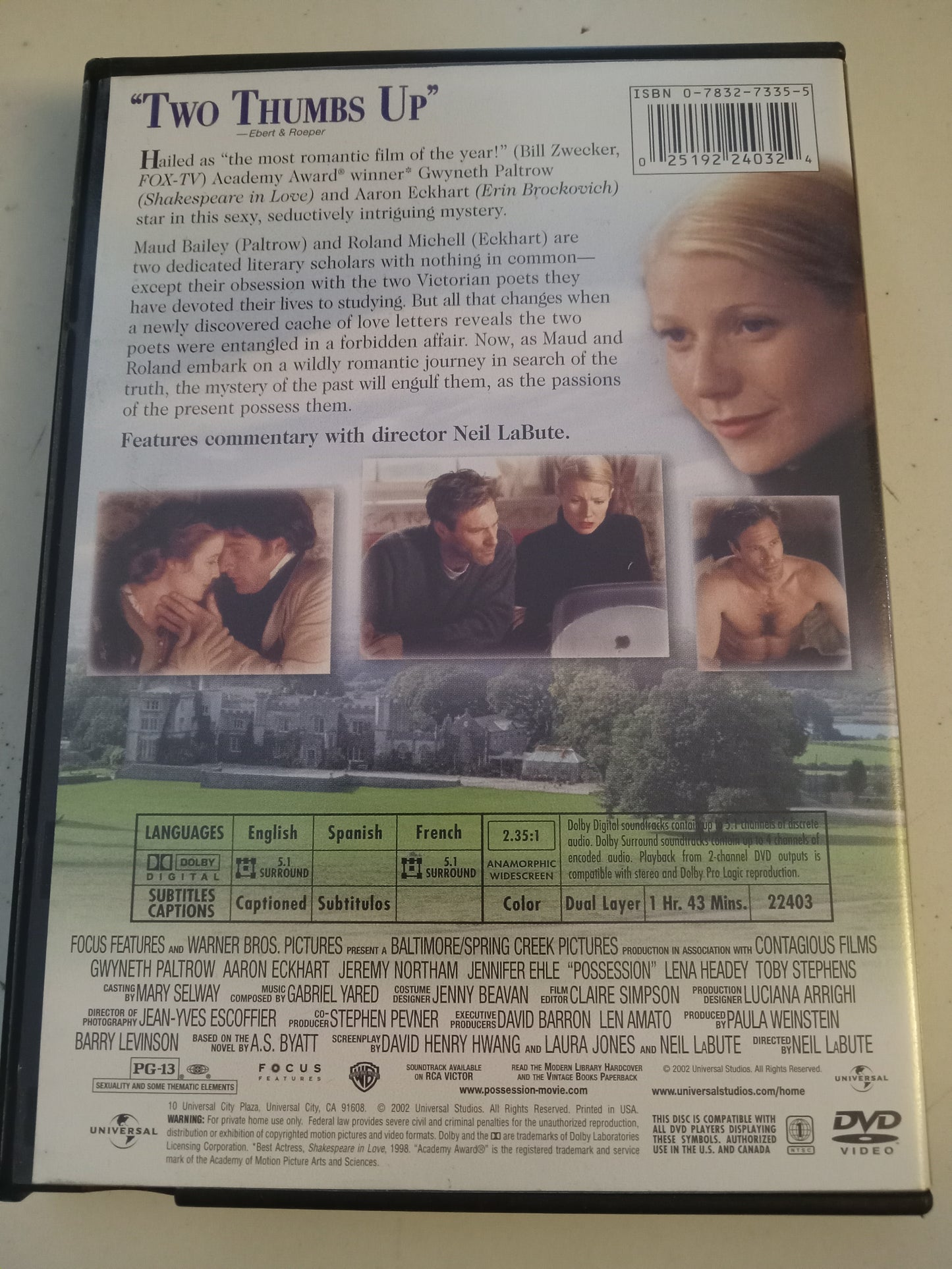 Possession, DVD Movie, Gwyneth Paltrow Widescreen, Rated PG-13, USED