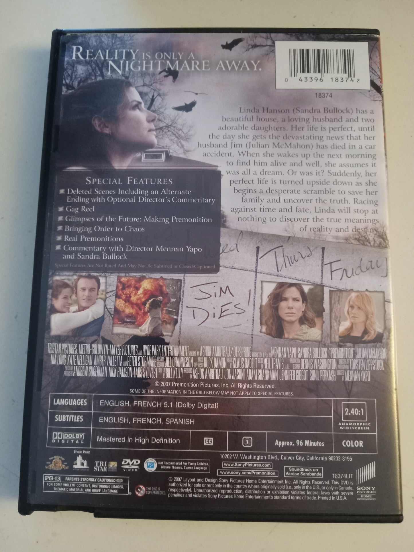 Premonition, DVD Movie, Sandra Bullock Widescreen, Rated PG-13, USED