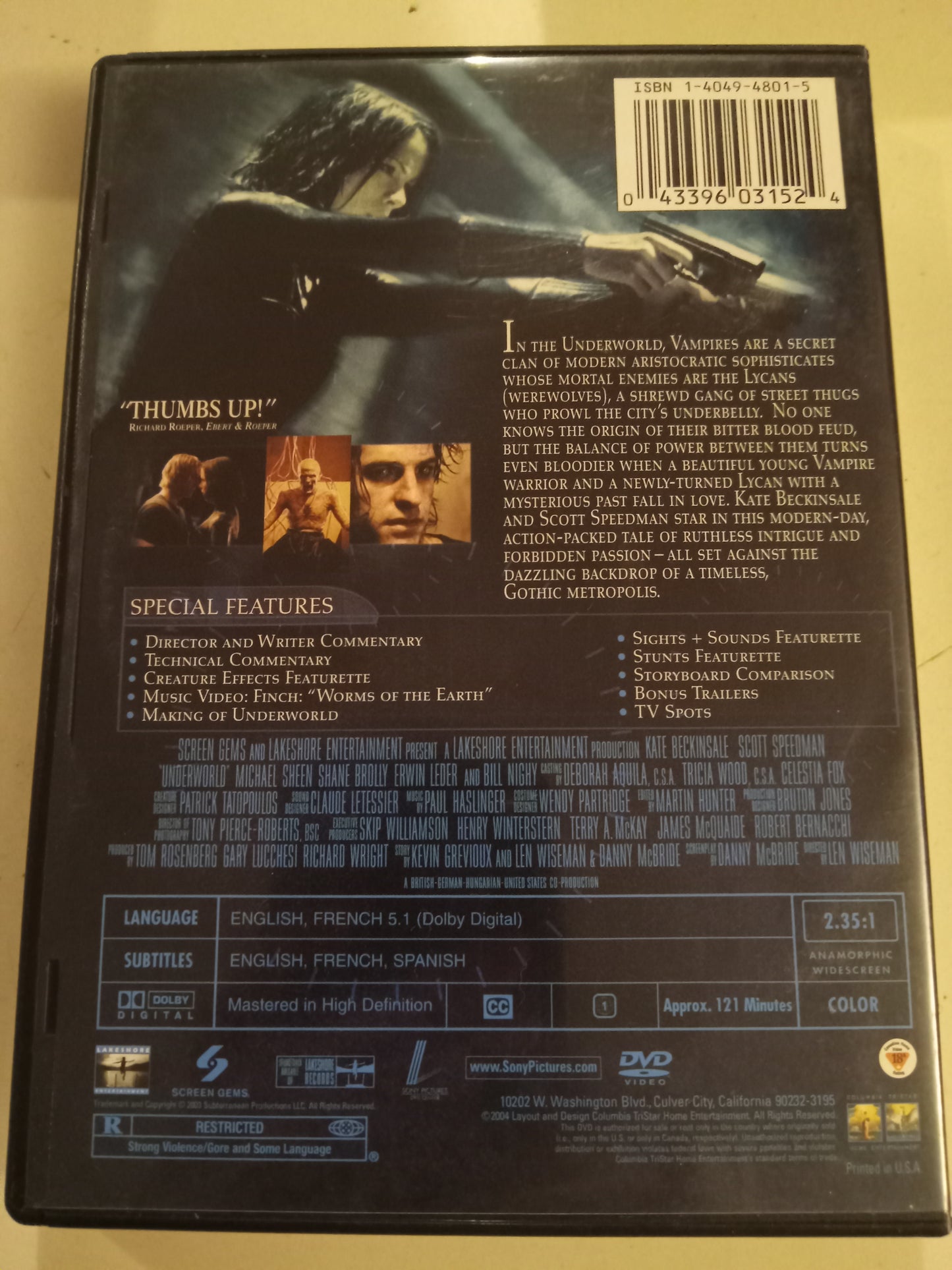Underworld, DVD Movie, Kate Beckinsale, Fullscreen/Widescreen, Special Ed. Rated R, USED